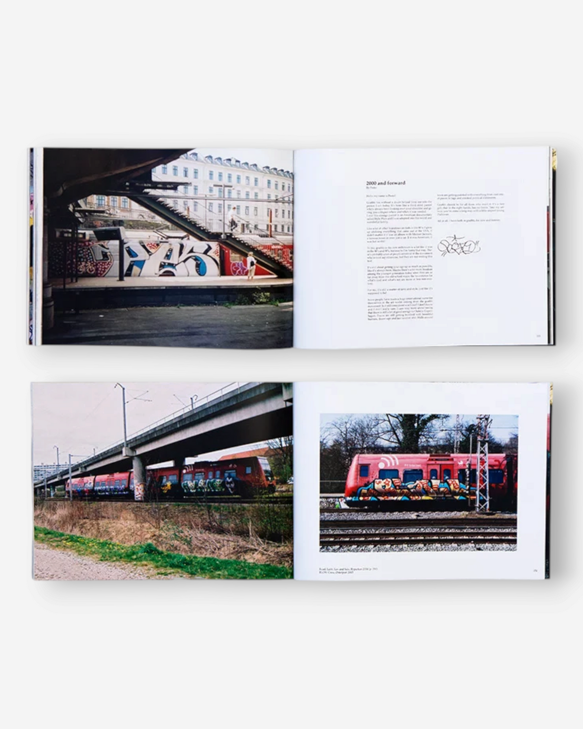Astrofat Copenhagen Graffiti 1985-2016 exhibition catalog showing a photo of train station graffiti and text page.