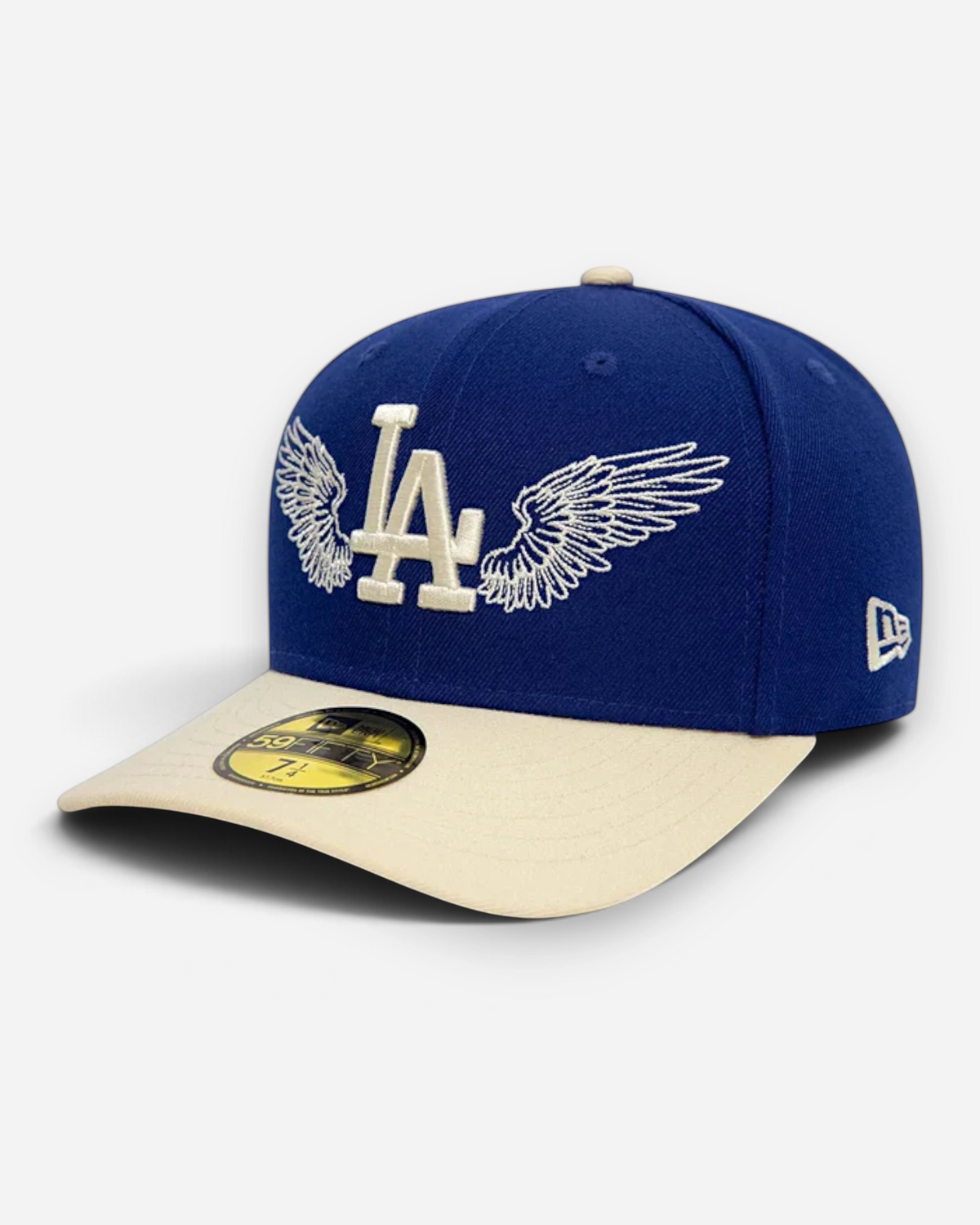 Astrofat 59FIFTY LA Dodgers navy fitted cap with embroidered white wings around the logo and a stone curved visor.