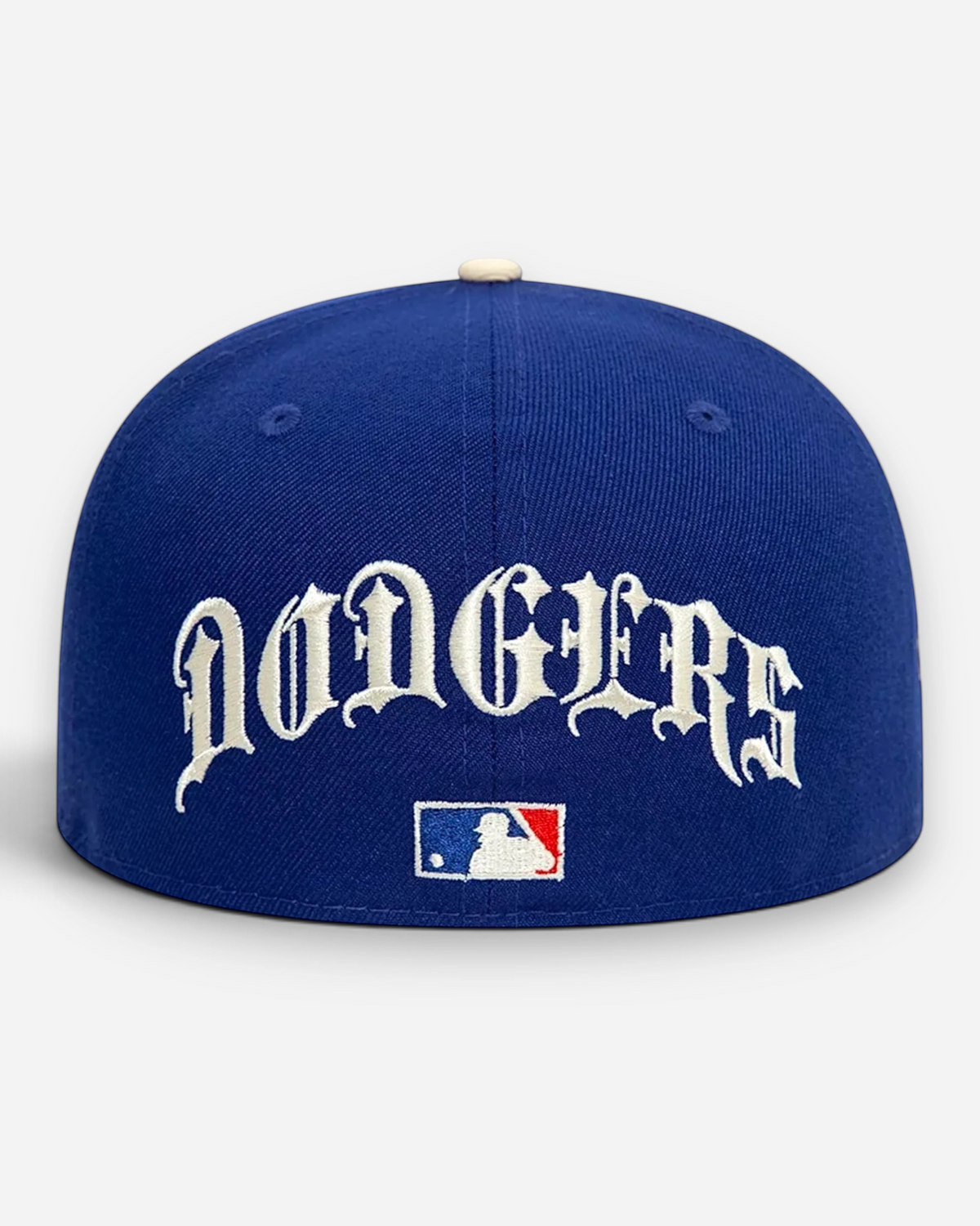 Astrofat navy blue 59FIFTY LA Dodgers fitted cap with white gothic lettering and embroidered wings on the front.