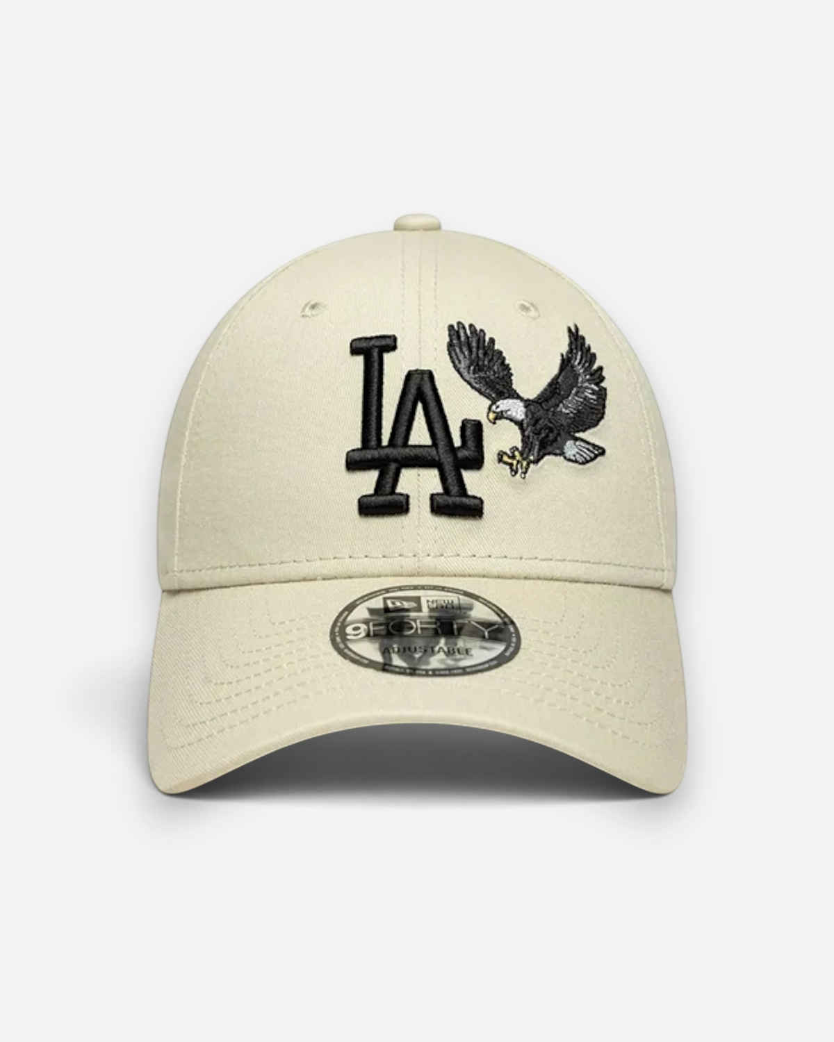 Astrofat beige 9FORTY Los Angeles Dodgers baseball cap with an embroidered eagle and LA logo on the front.