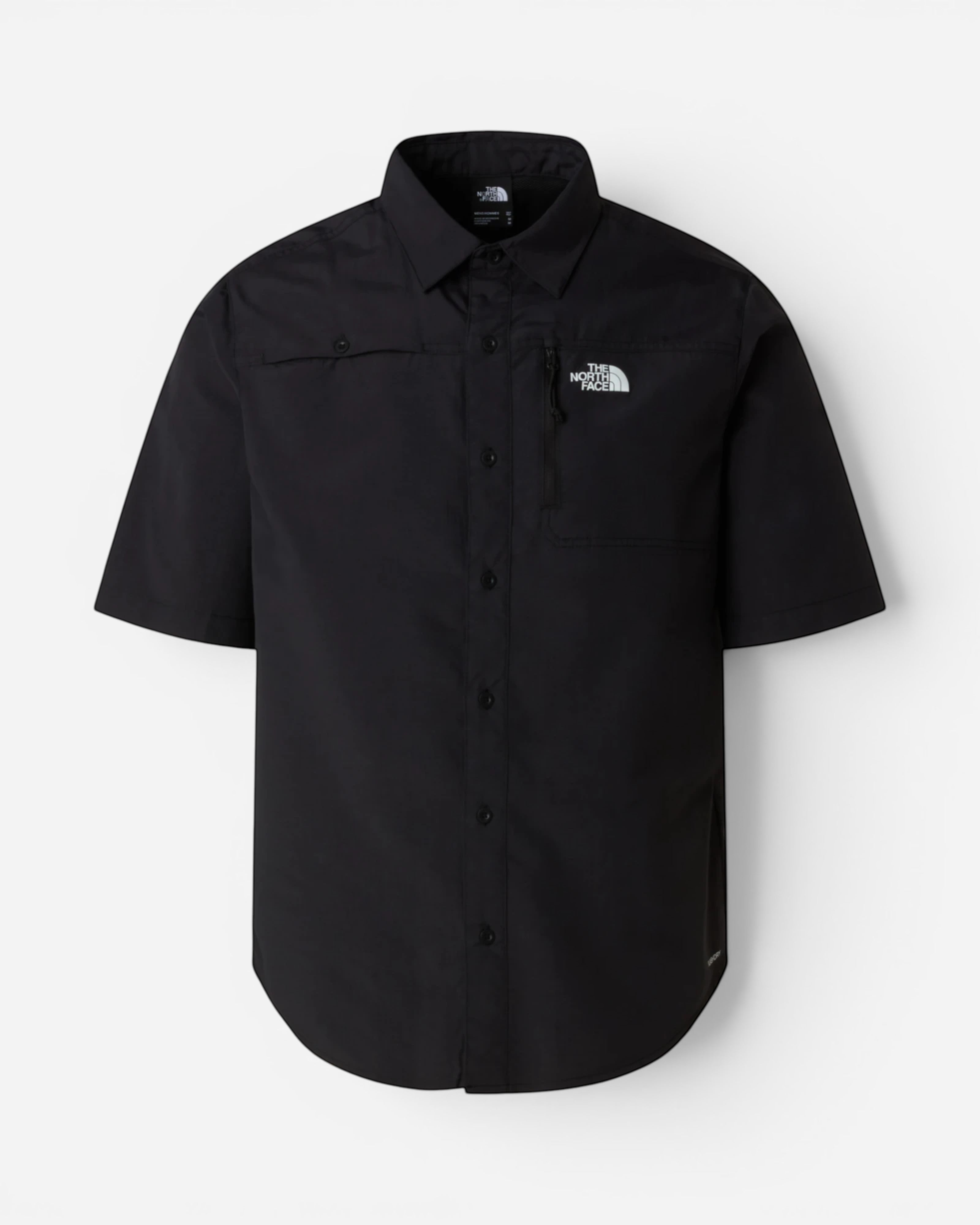 The North Face black short-sleeve nylon shirt with zip pocket and embroidered logo patch.