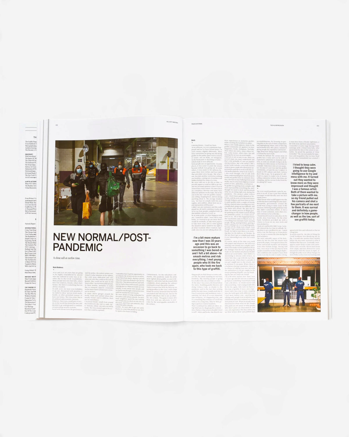 Open pages of All City Writers Edition X book featuring a photograph of graffiti writers in a subway station