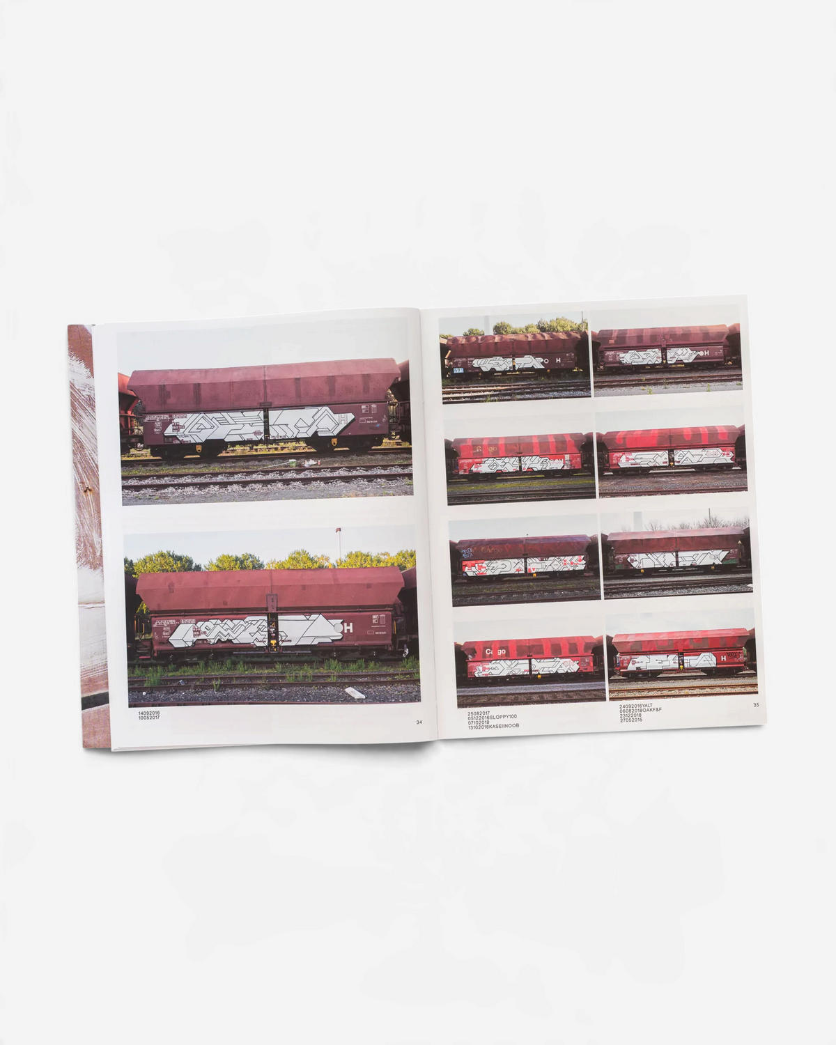 Open pages of Astrofat 121/183 book by Boris DELTA Tellegen showing photographs of graffiti on red-brown freight cars