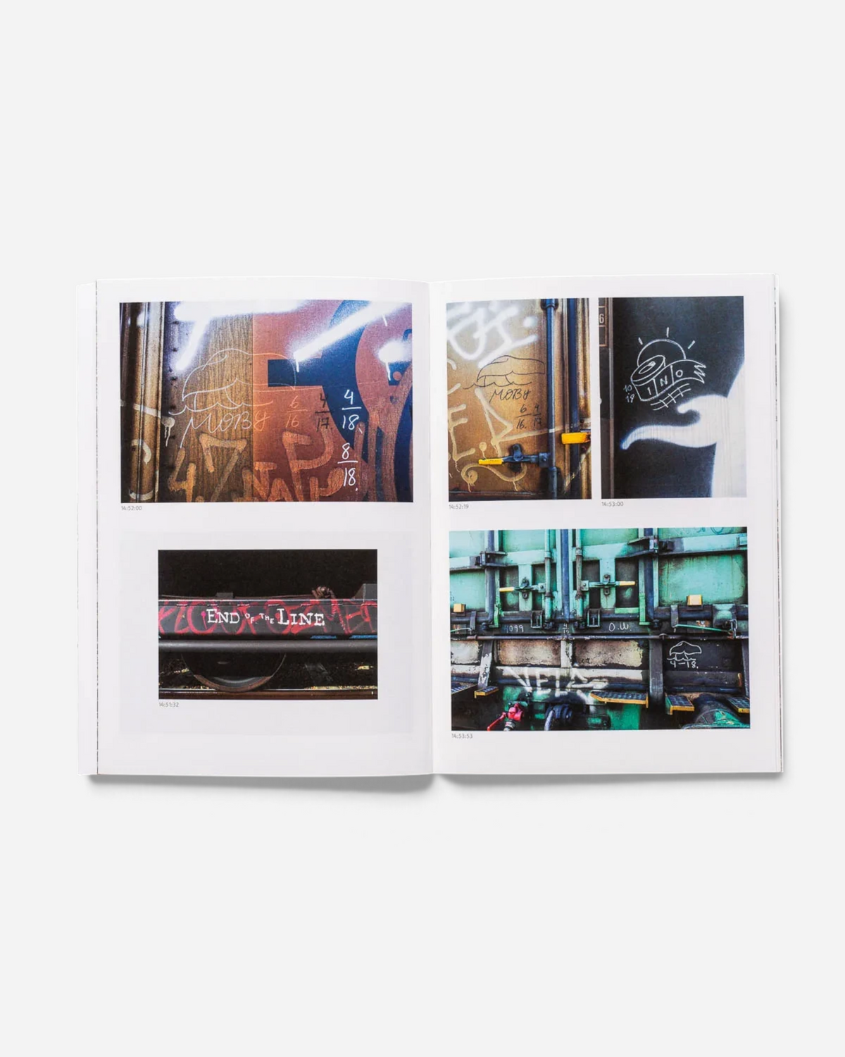 Astrofat 136 Minutes of Malmö zine open to pages showing freight train graffiti and monikers with timestamps
