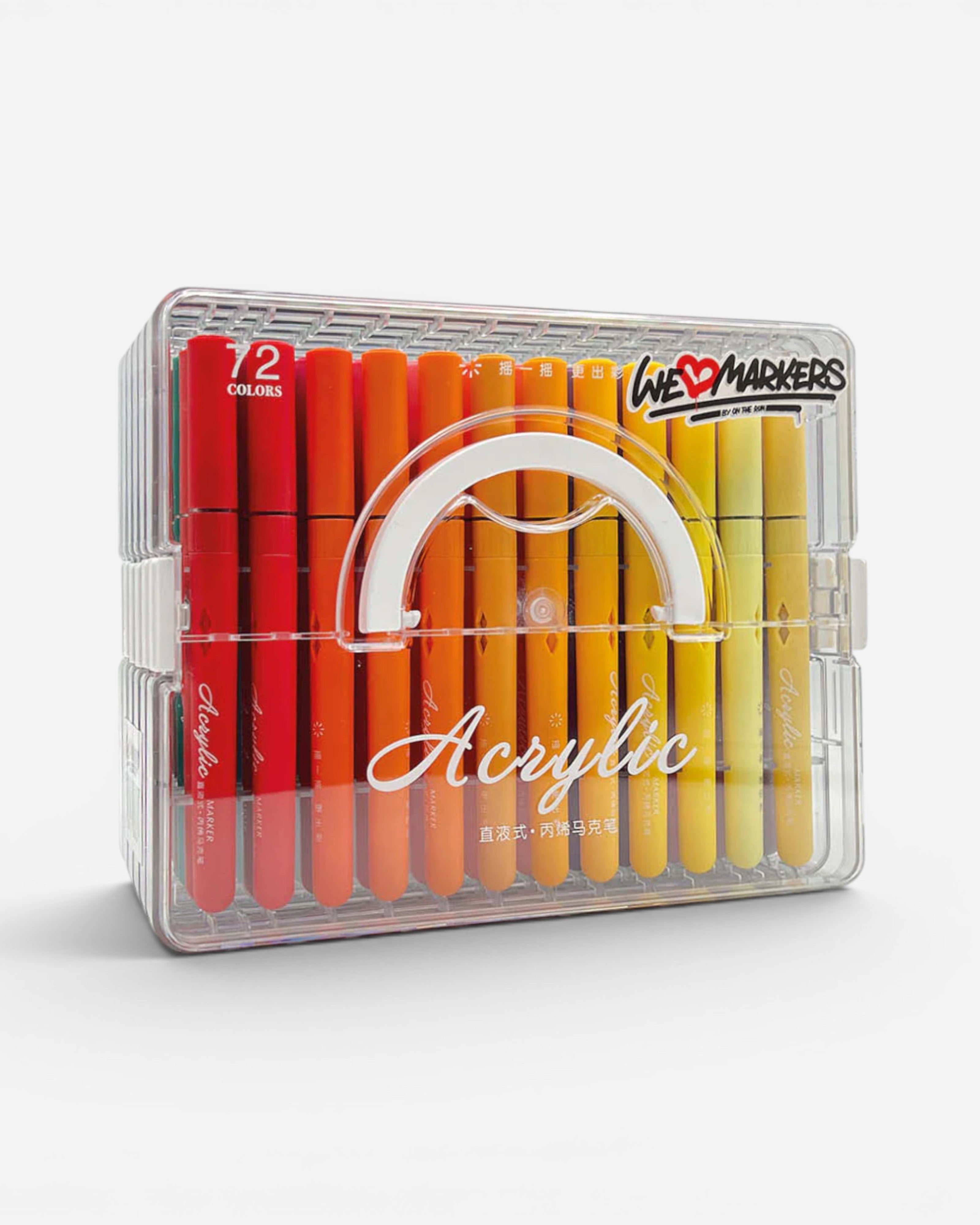 Astrofat WeLoveMarkers acrylic brush marker set with 72 vibrant colors in a clear stackable case. Markers are red, orange, and yellow.