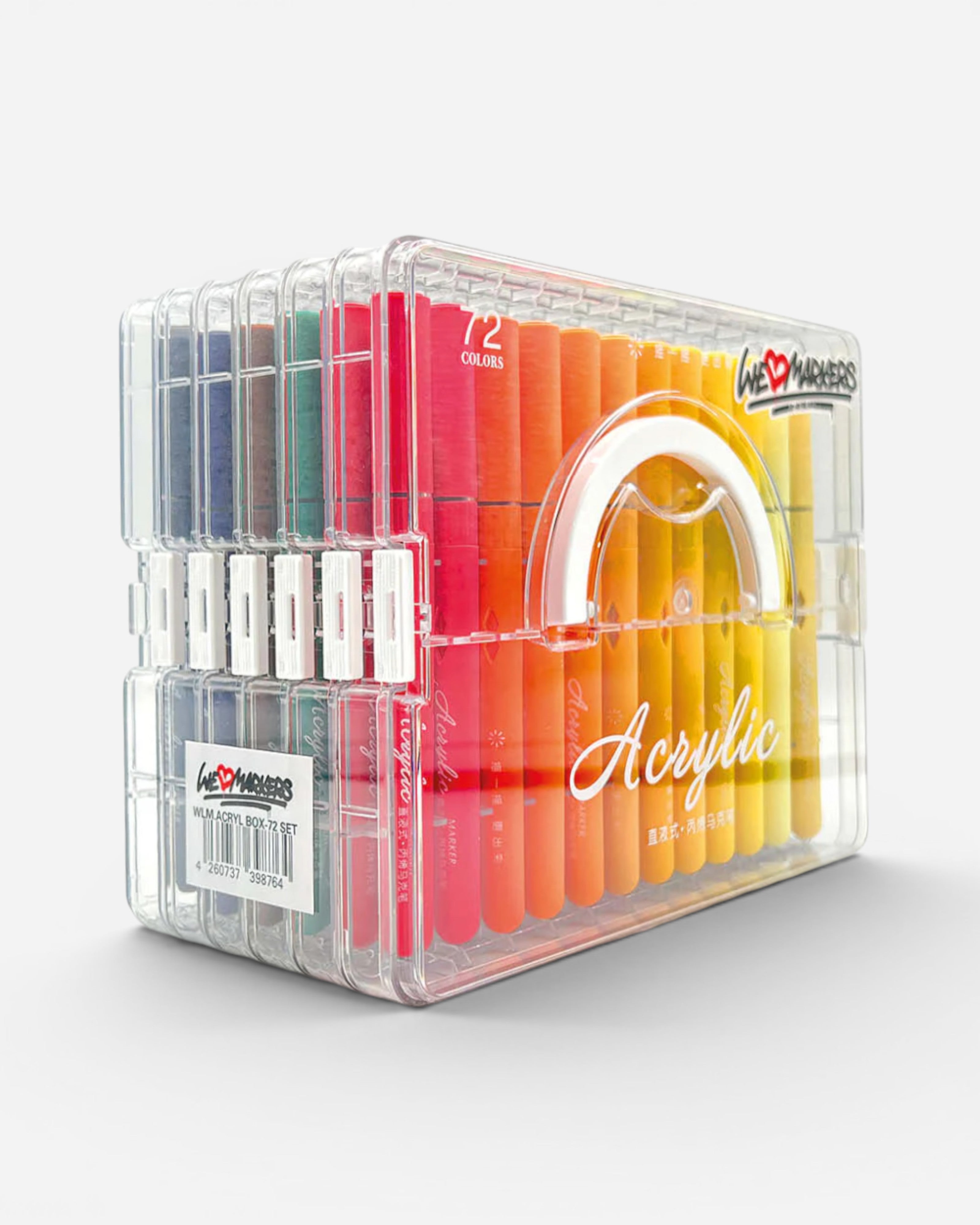 Astrofat We Love Markers acrylic brush marker set with 72 vibrant colors in a clear stackable case.