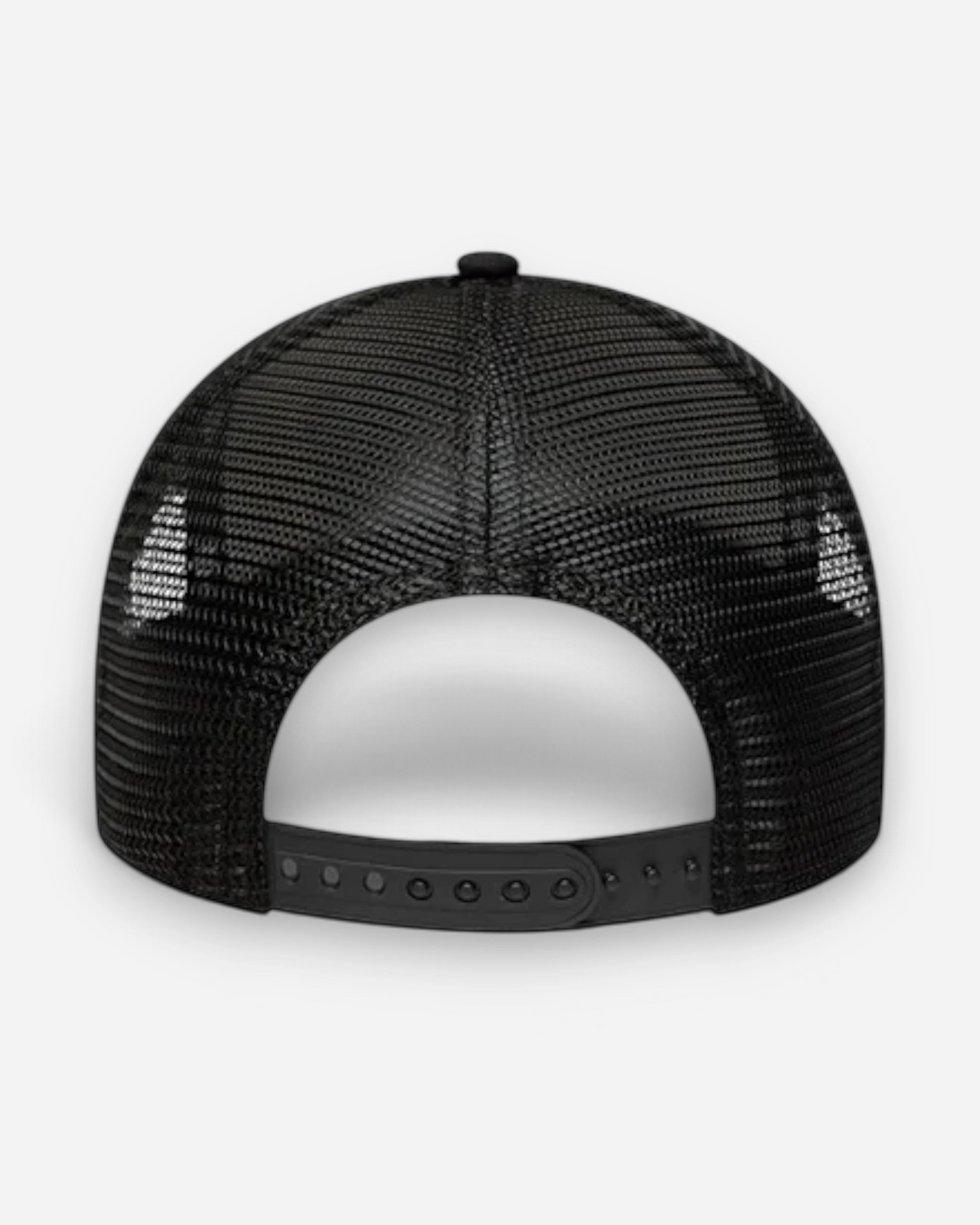 Astrofat 9FORTY trucker cap in black with a breathable mesh back and adjustable snapback closure, rear view.