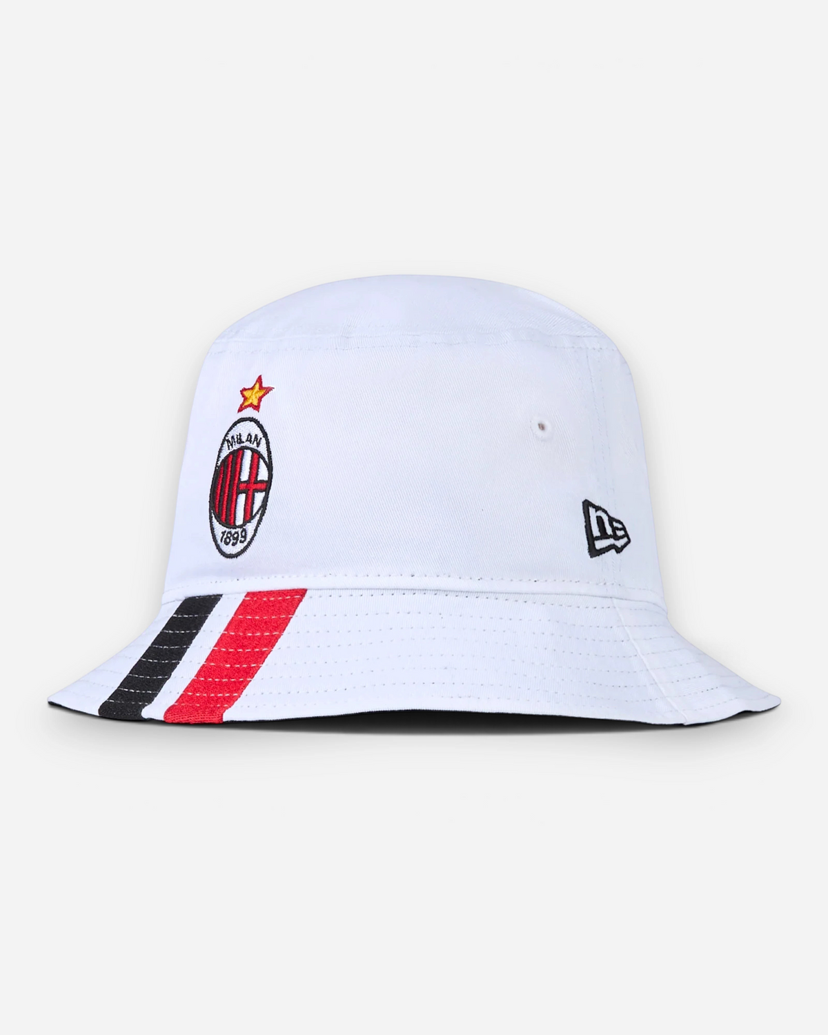 Astrofat white AC Milan x New Era bucket hat featuring an official team logo and red and black striped brim detail.