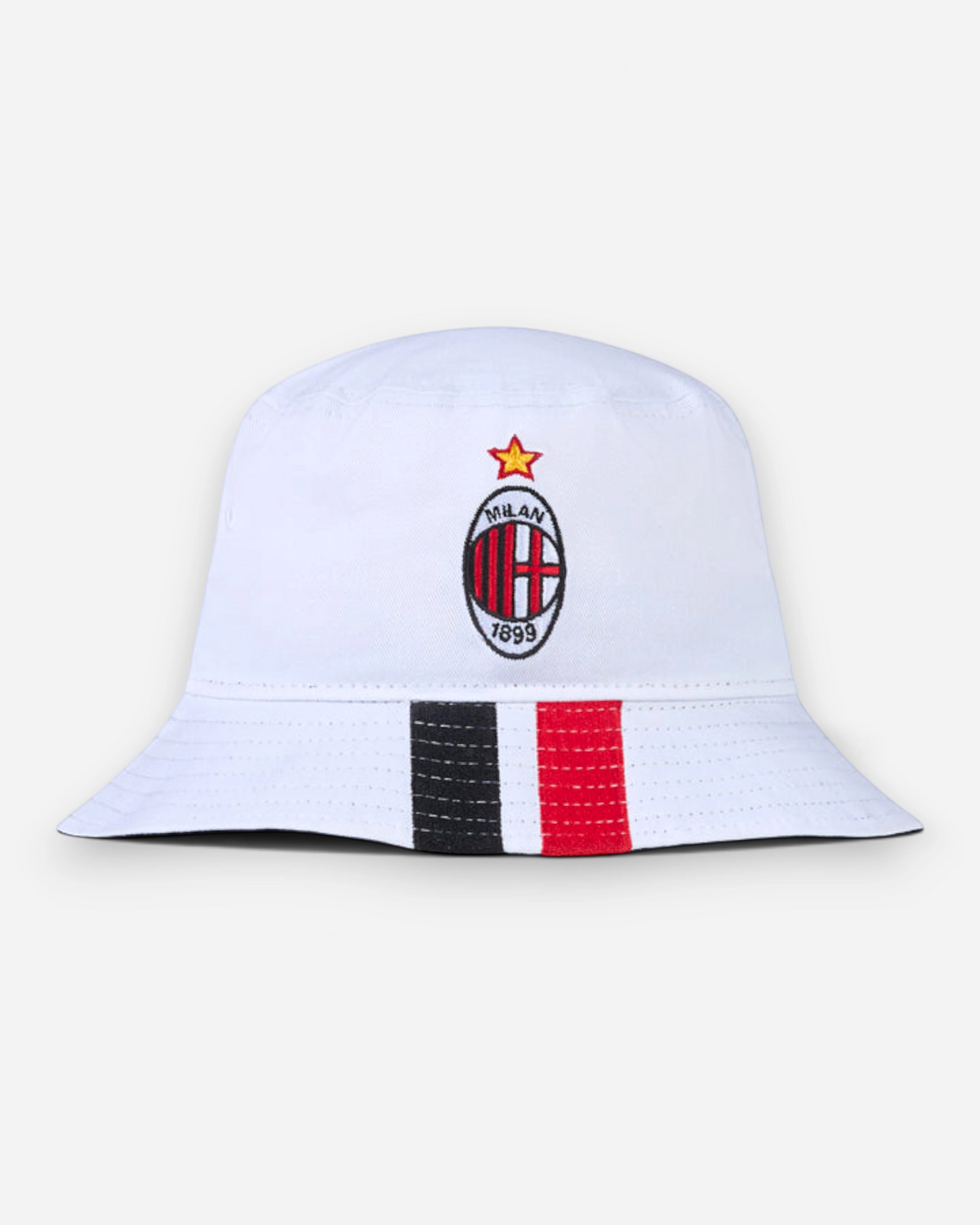 Astrofat white AC Milan bucket hat by New Era featuring an official team logo patch and red and black visor stripes.