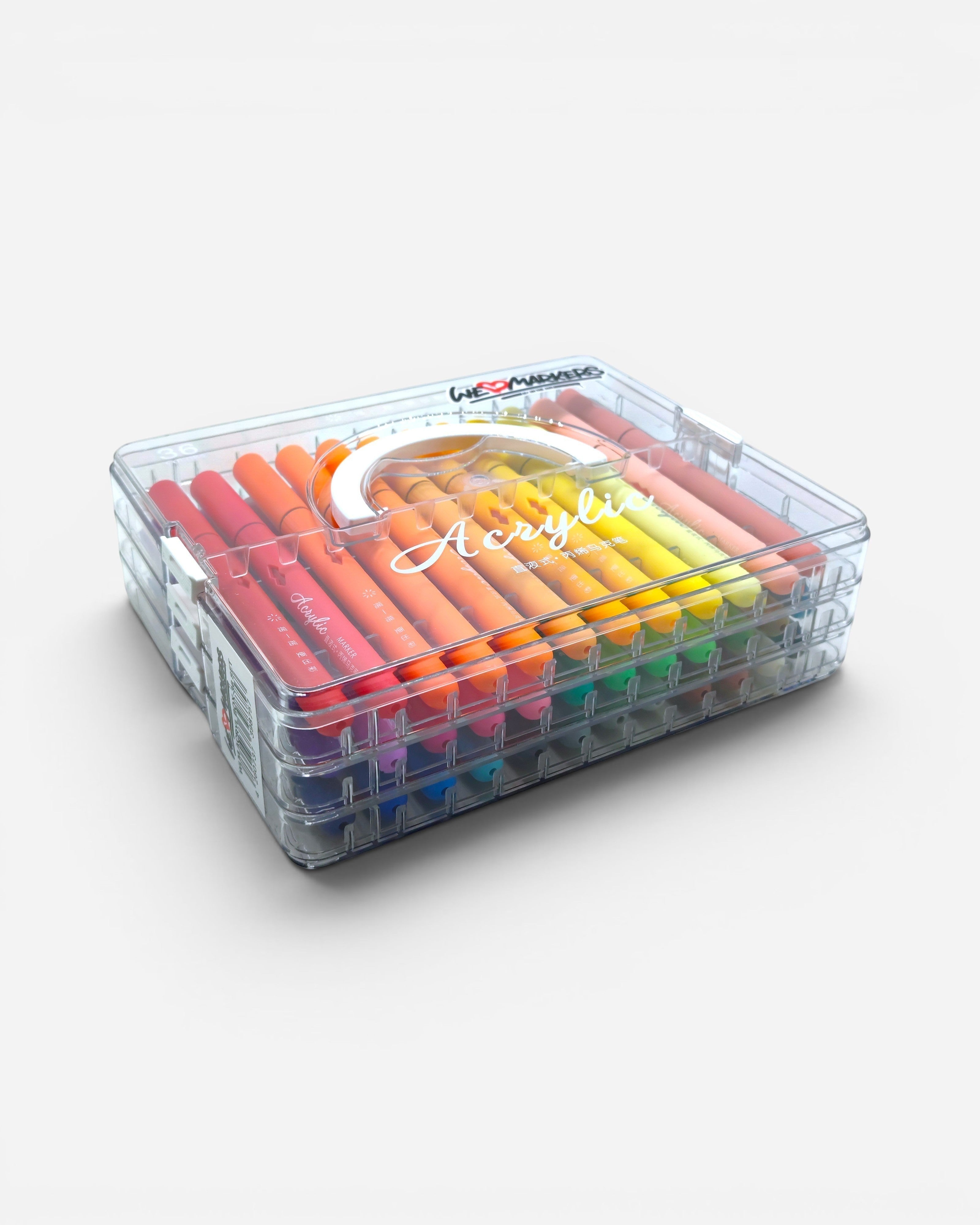 Astrofat Acrylic Brush Marker Set with 36 vibrant colours in a clear, stackable case. Markers have brush tips and colour-coded caps.