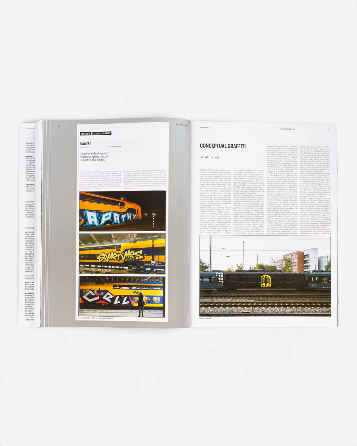 Astrofat All City Writers Edition X book open to a page about conceptual graffiti with photos of painted trains.