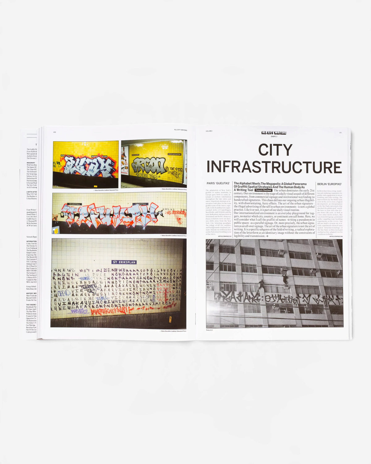 Astrofat All City Writers Edition X book open to a spread featuring graffiti photos and text on city infrastructure
