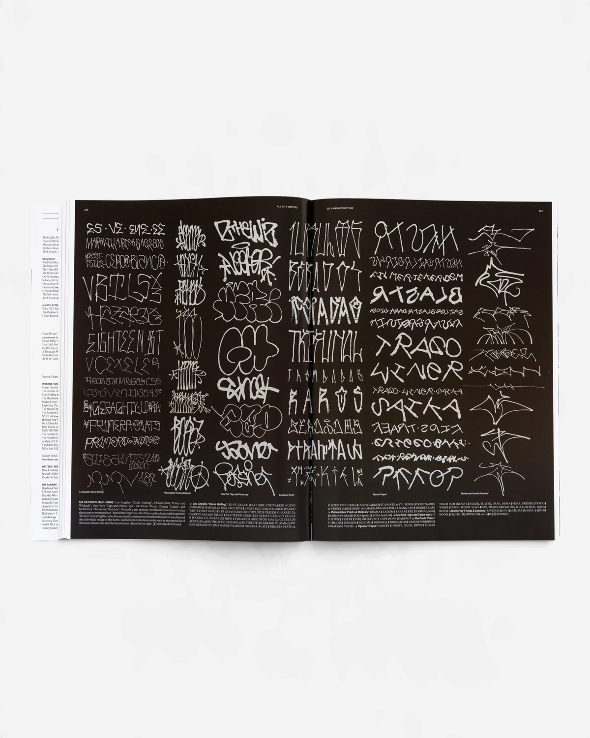 Astrofat All City Writers Edition X book open to a spread displaying various white graffiti tags on a black background.