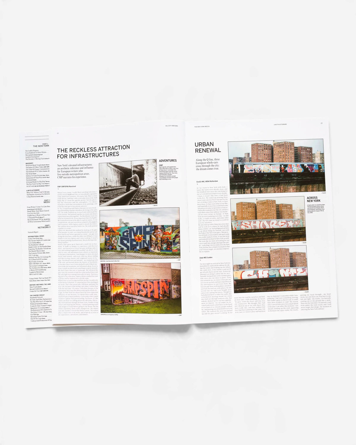 Astrofat All City Writers Edition X book spread featuring graffiti photography on trains and detailed historical text.