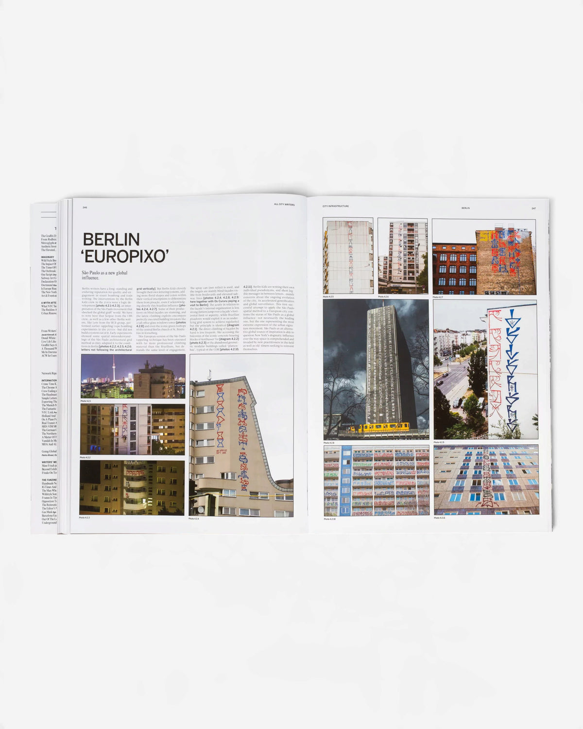 Astrofat All City Writers Edition X book open to a spread about Berlin graffiti featuring photos of building murals