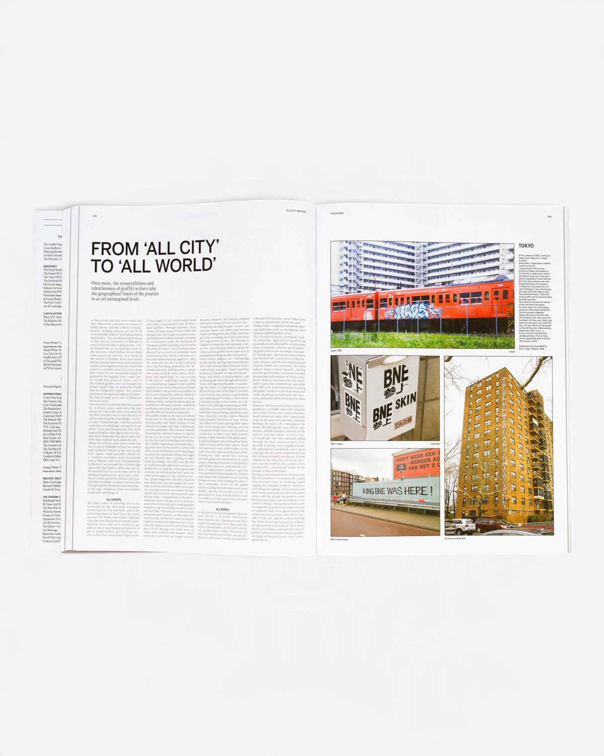 Astrofat All City Writers Edition X book open to a page about Tokyo graffiti featuring a red train and city photos.