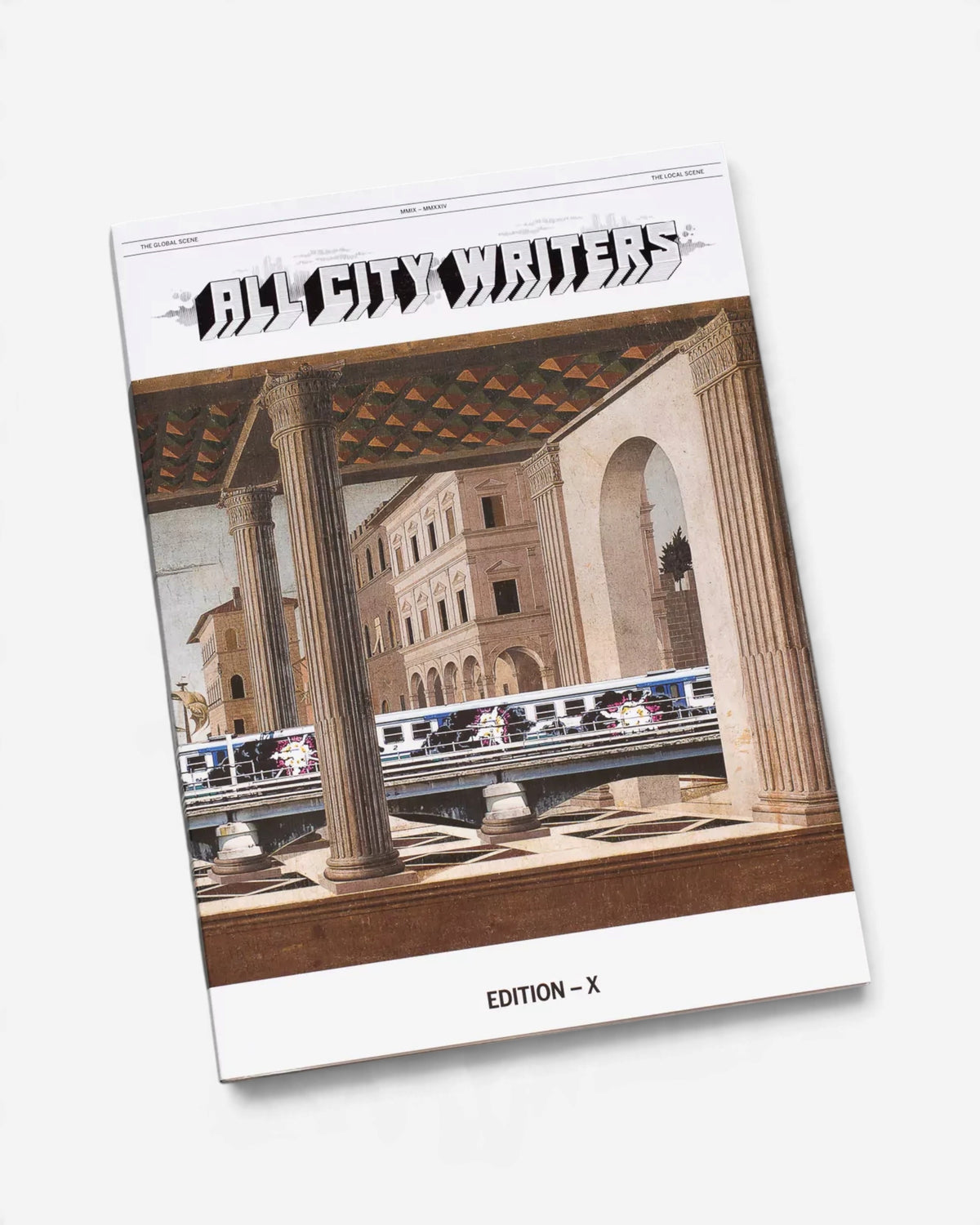 Astrofat All City Writers Edition X book cover featuring a classical architectural painting with graffiti trains