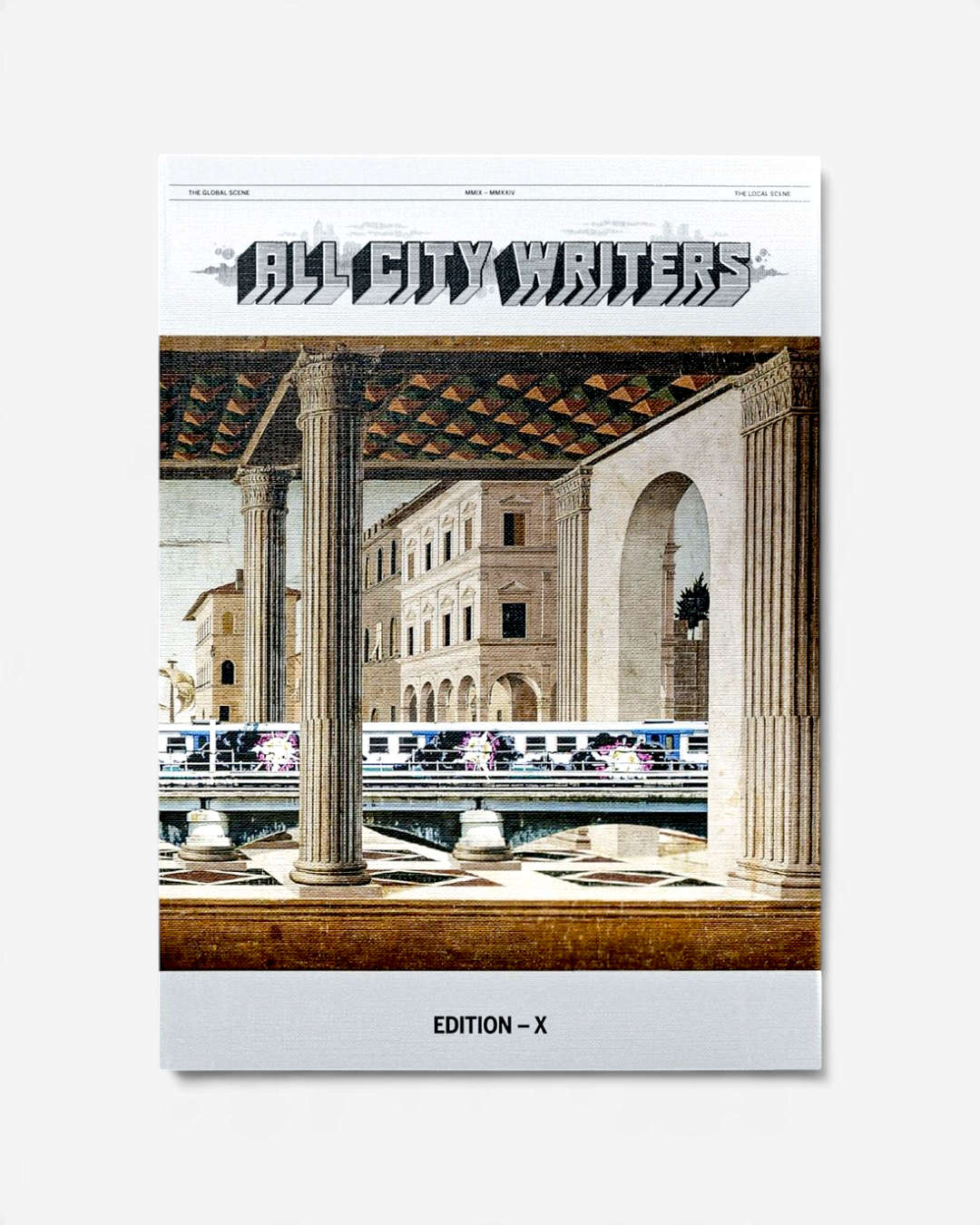 Astrofat All City Writers Edition X book cover featuring a classical architectural scene with a graffiti train