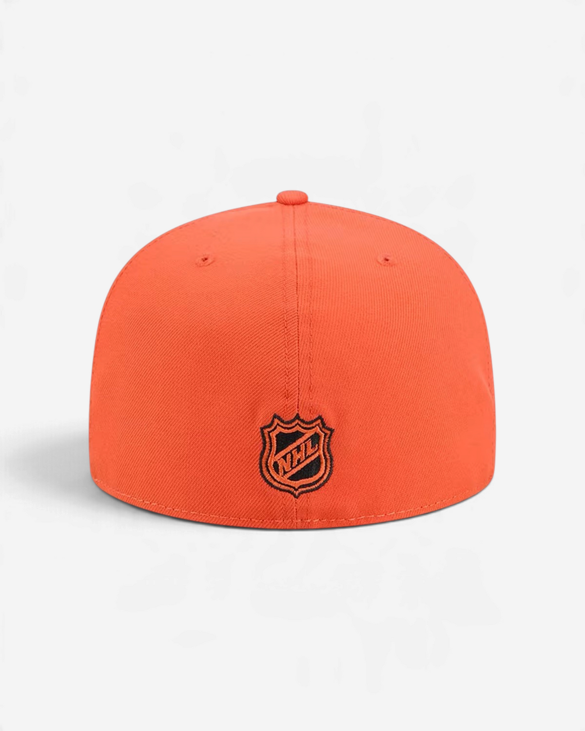 Astrofat Anaheim Ducks 59FIFTY fitted cap in bright orange with a black NHL logo embroidered on the back