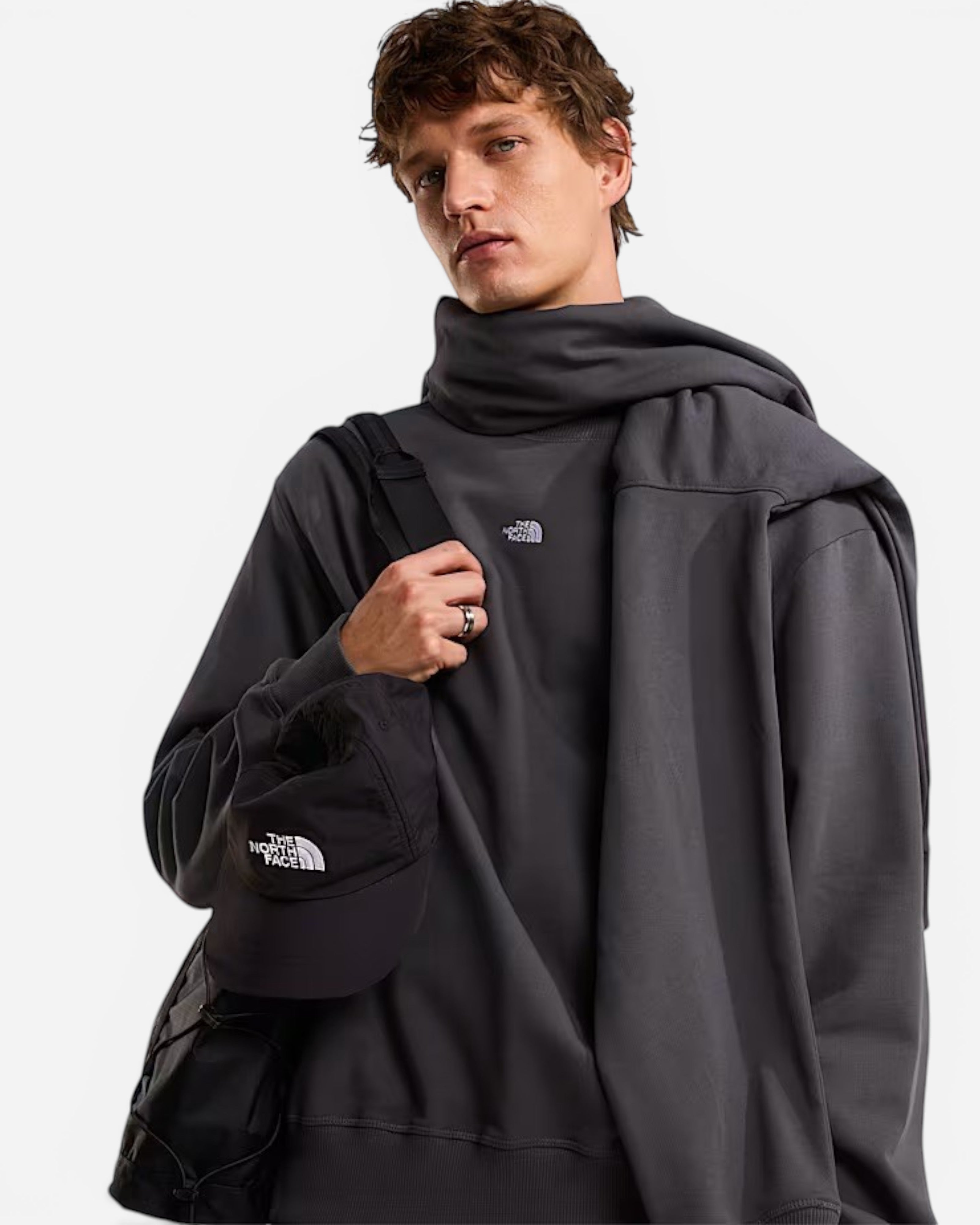 Astrofat model wearing an anthracite grey The North Face cotton crewneck sweatshirt with a small chest logo