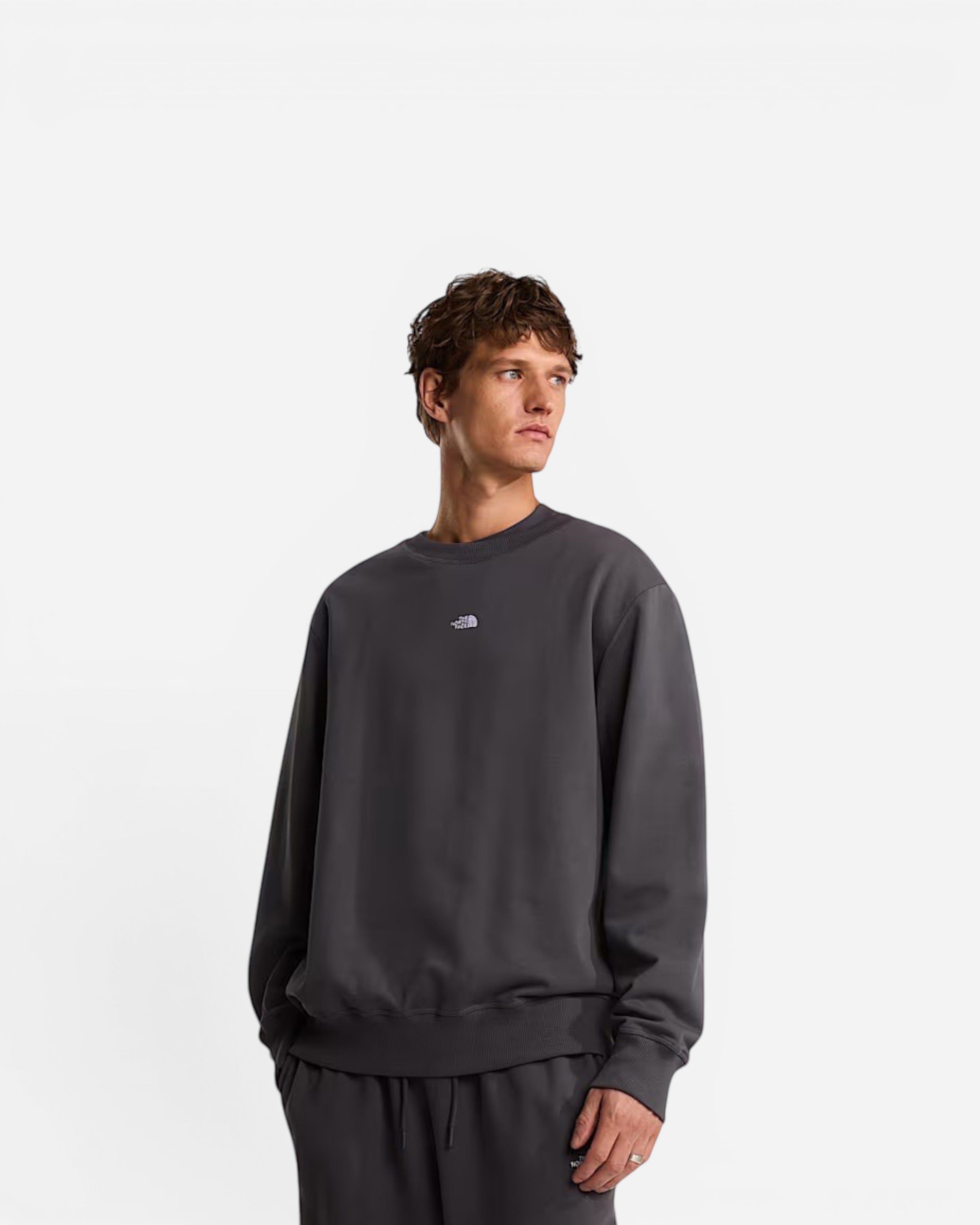 Astrofat model wearing an anthracite grey The North Face relaxed cotton crewneck sweatshirt with chest logo