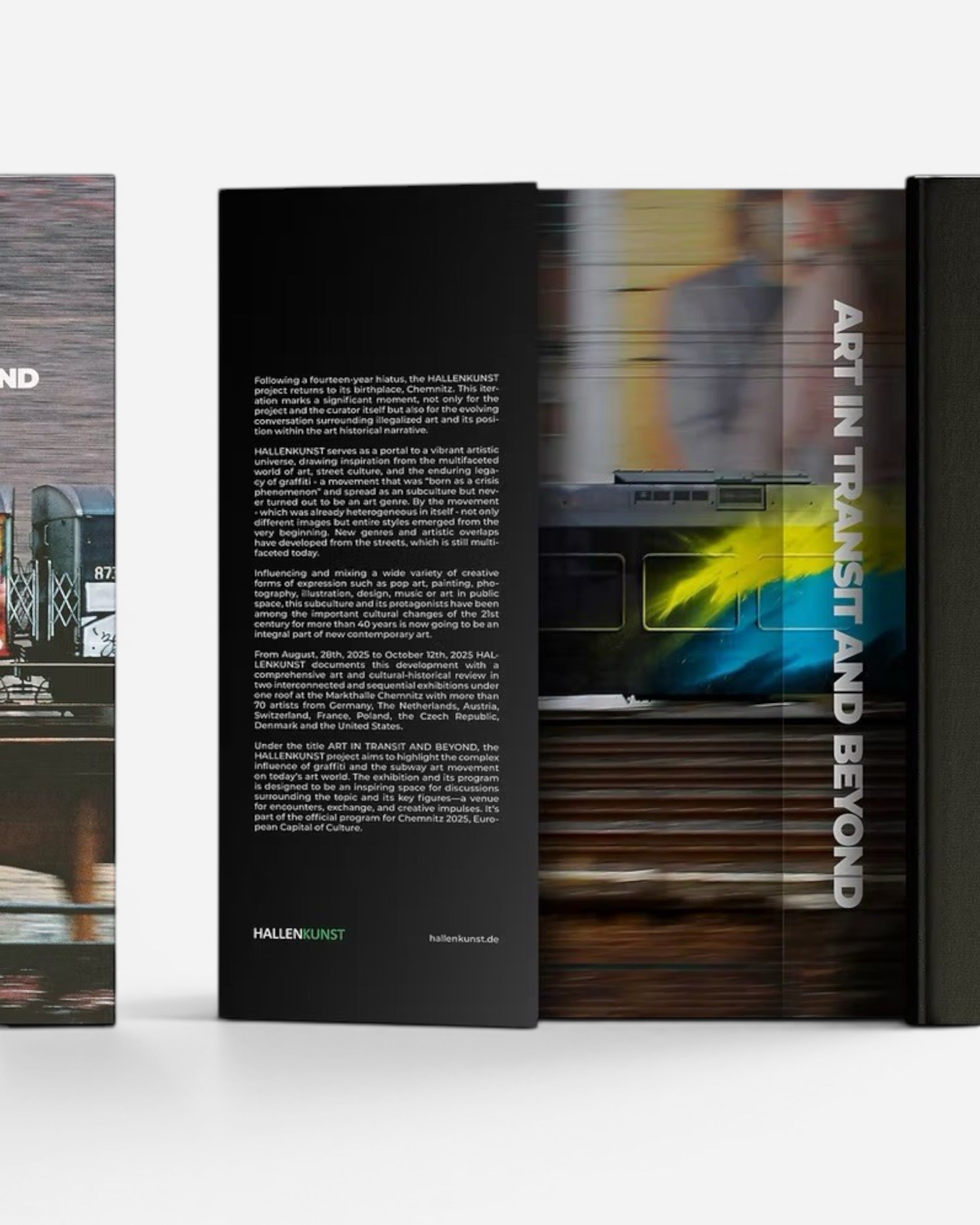 Art In Transit And Beyond Hallenkunst official exhibition catalog, featuring graffiti art on trains and works by over 40 international artists. Hardcover, black linen.