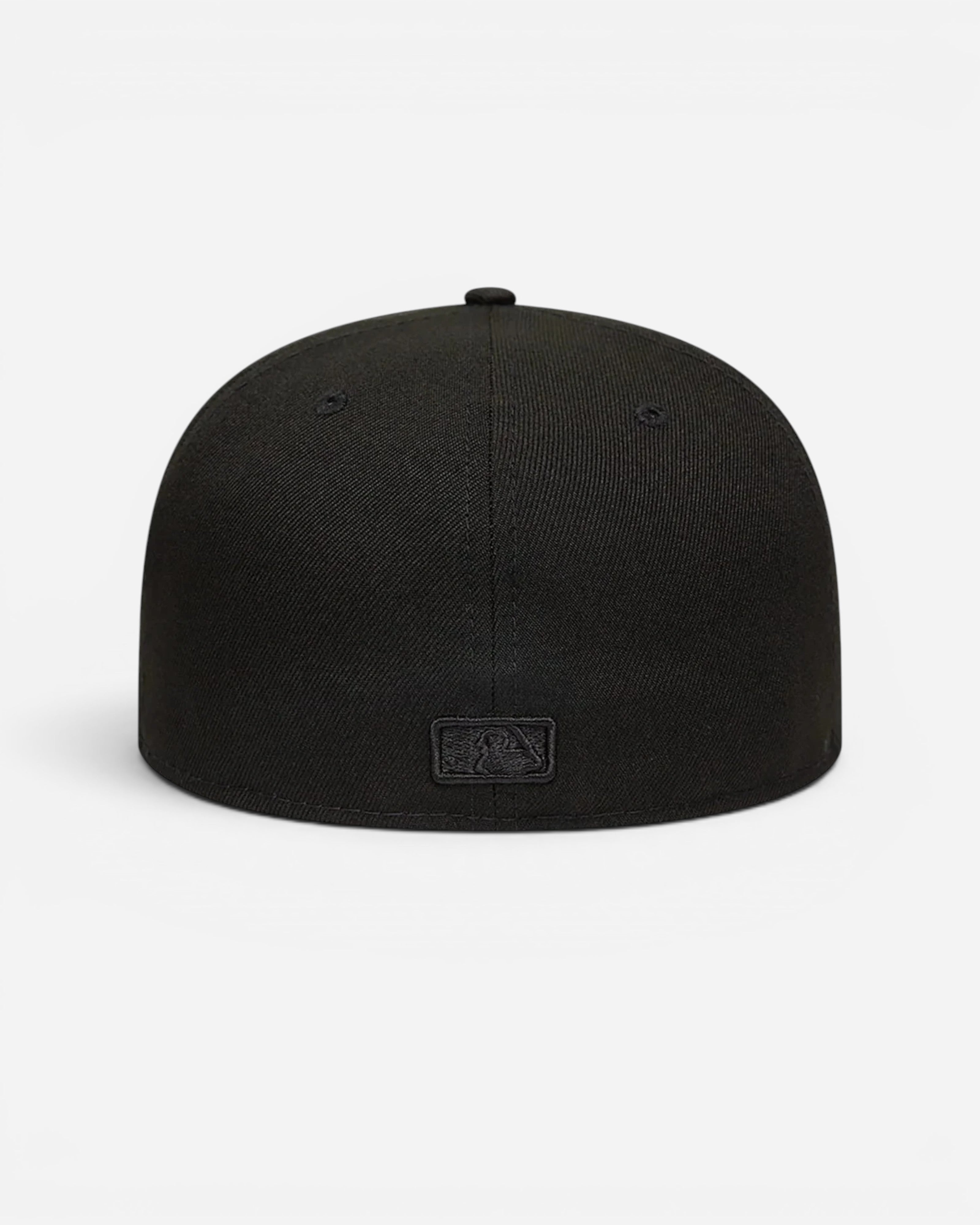 Astrofat 59FIFTY Atlanta Braves fitted cap in all black with a structured crown and MLB logo on the back