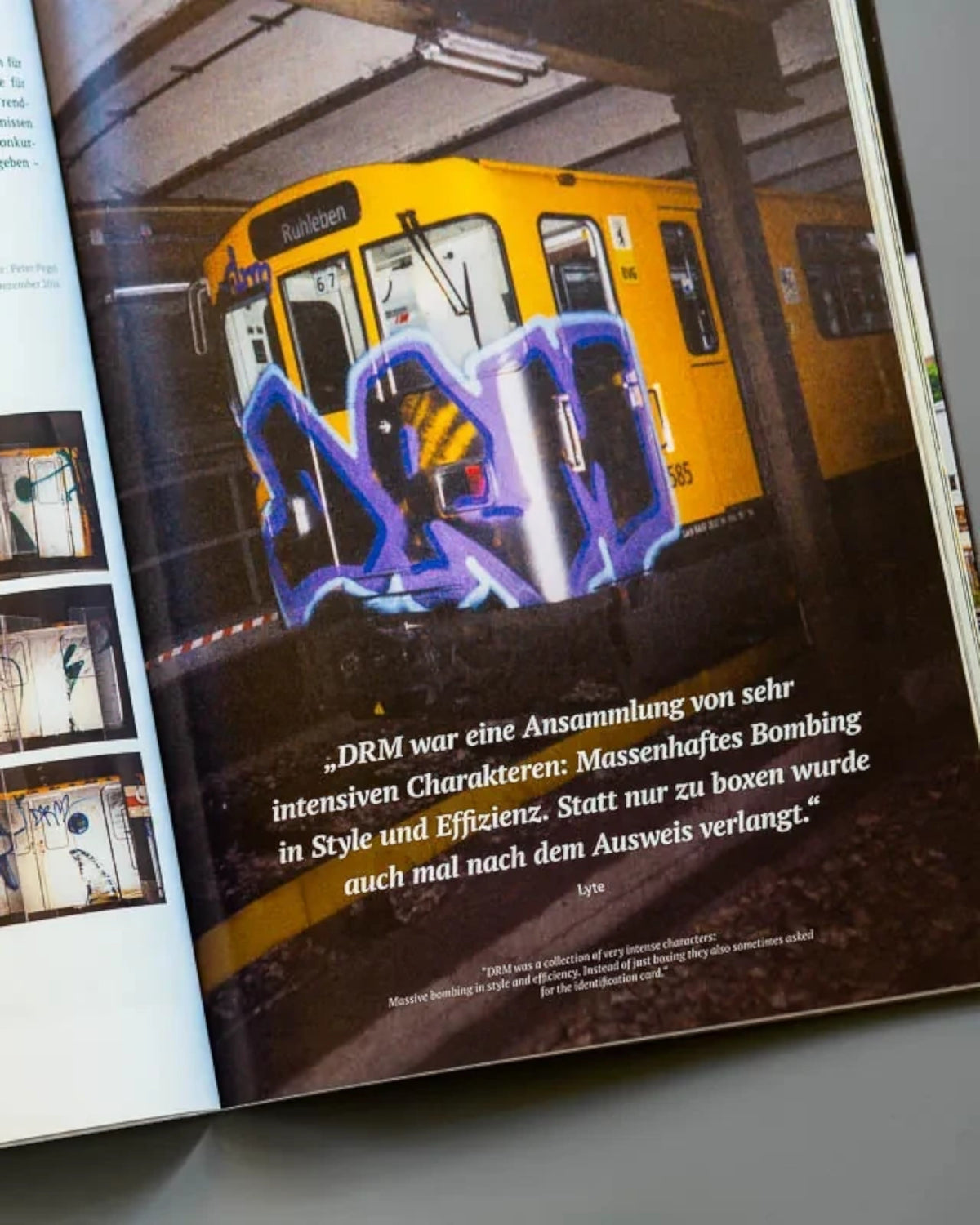 Astrofat Auri Sacra Fames No.5 magazine open to a page featuring graffiti art on trains and descriptive text.