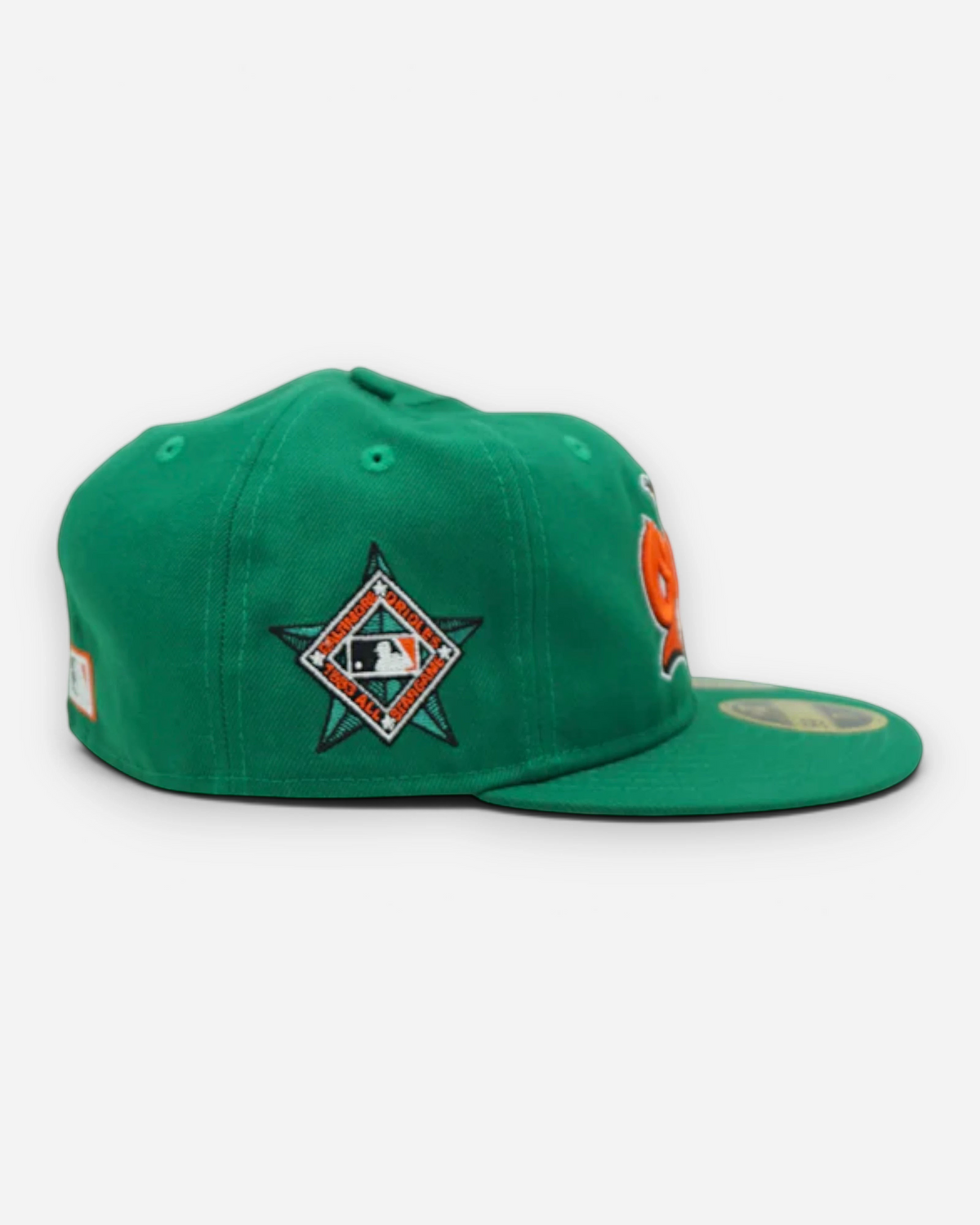 Astrofat Baltimore Orioles 59FIFTY retro crown cap in green with orange logo and side anniversary patch