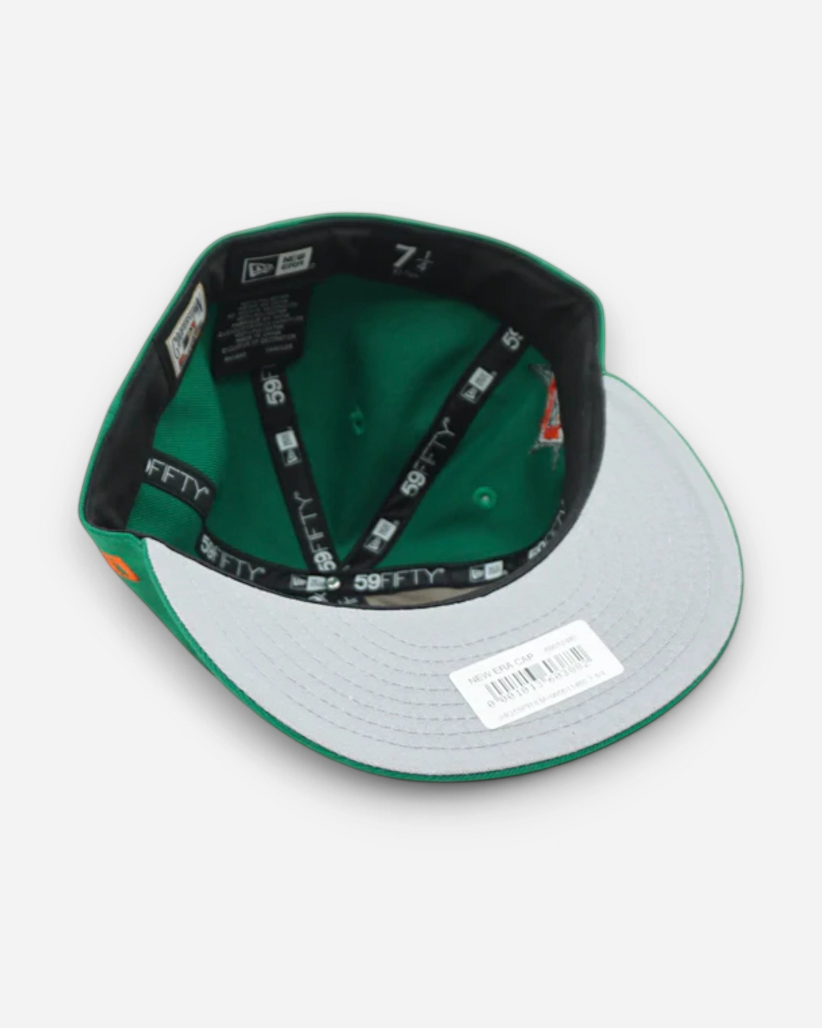 Astrofat Baltimore Orioles 59FIFTY fitted cap interior showing green crown, grey undervisor, and branded taping.