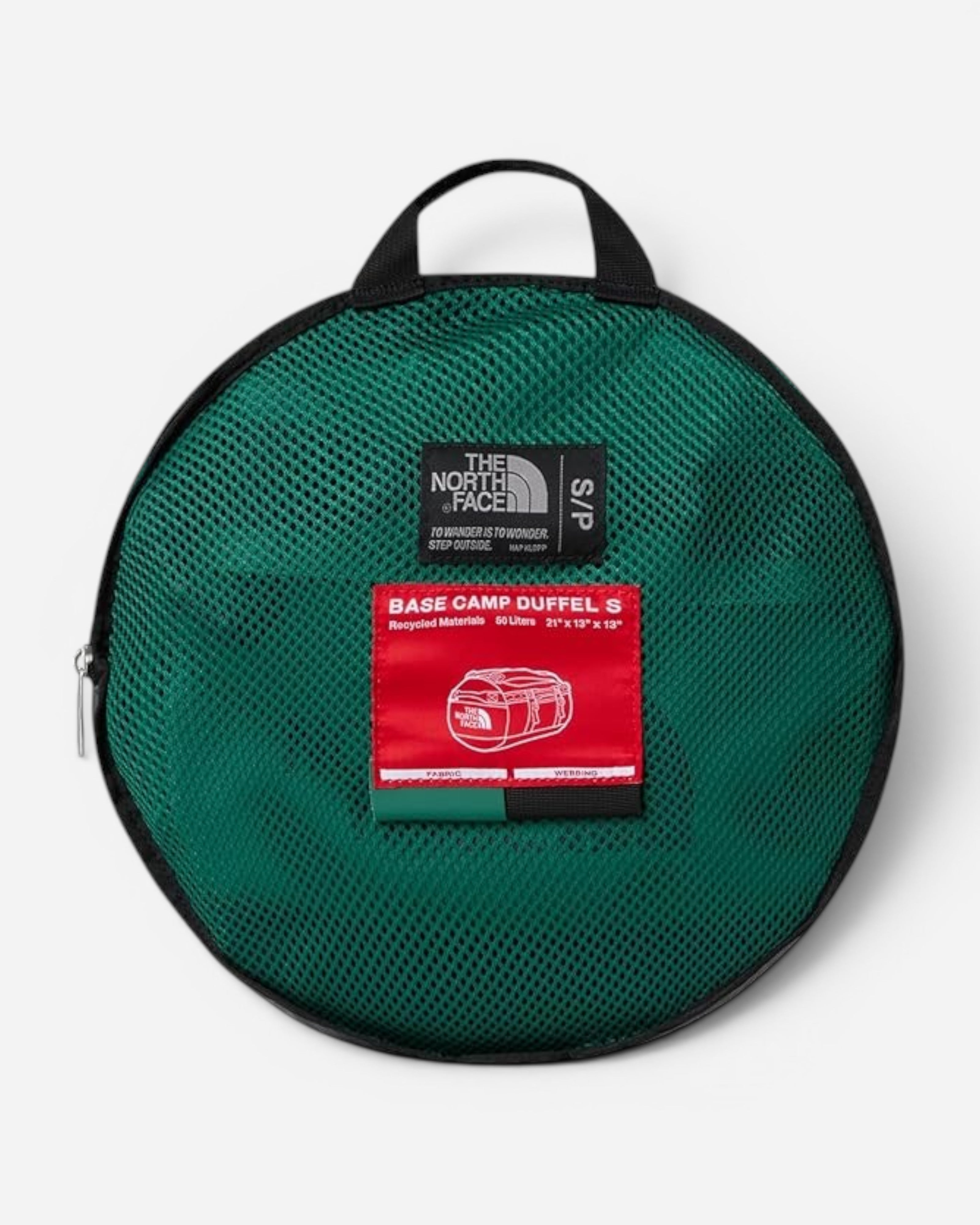 Astrofat The North Face Base Camp Duffel S 50L in evergreen, featuring a circular mesh storage bag with product label.
