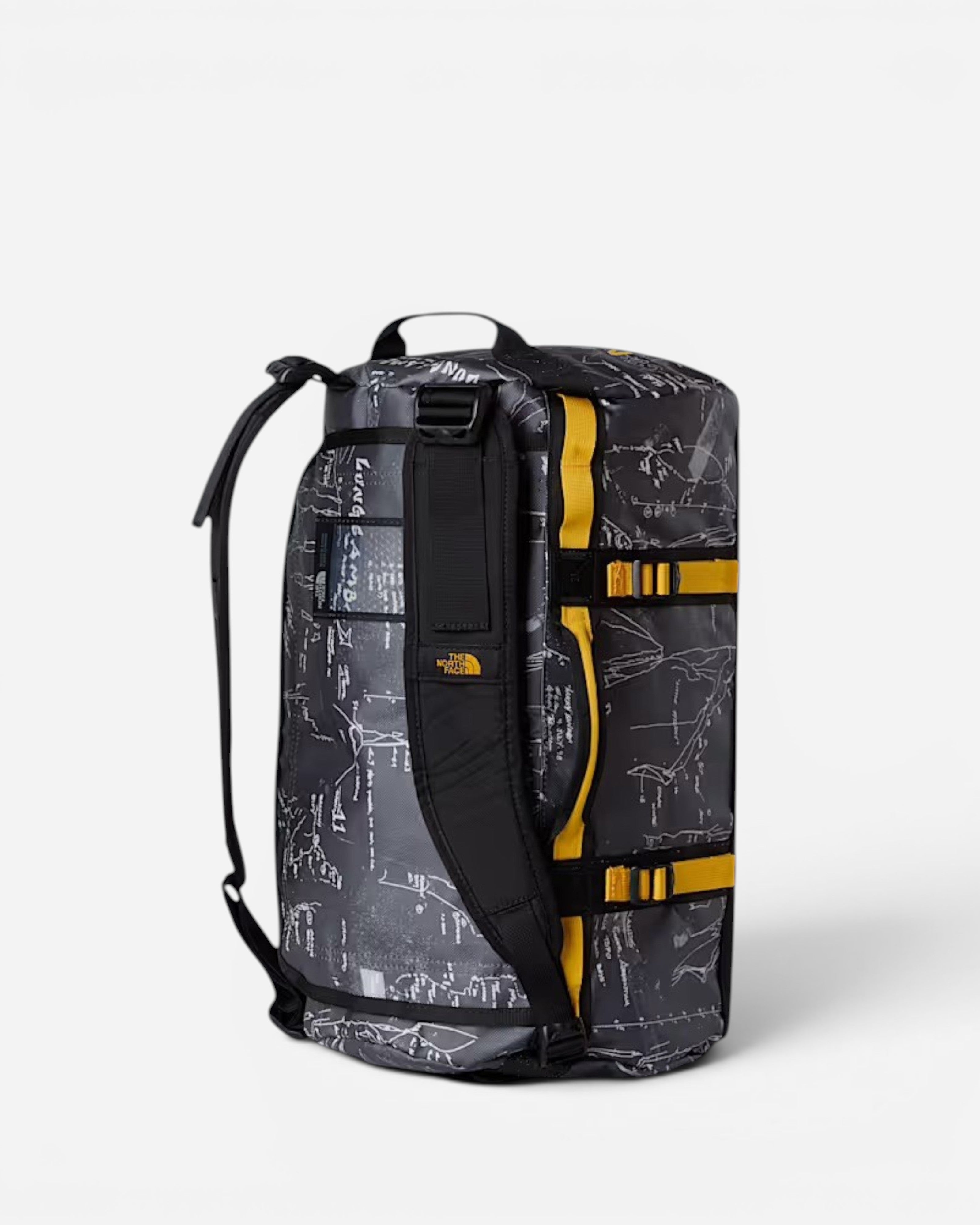 Astrofat The North Face Base Camp 50L duffel bag in anthracite grey with a white topographic print and gold straps.