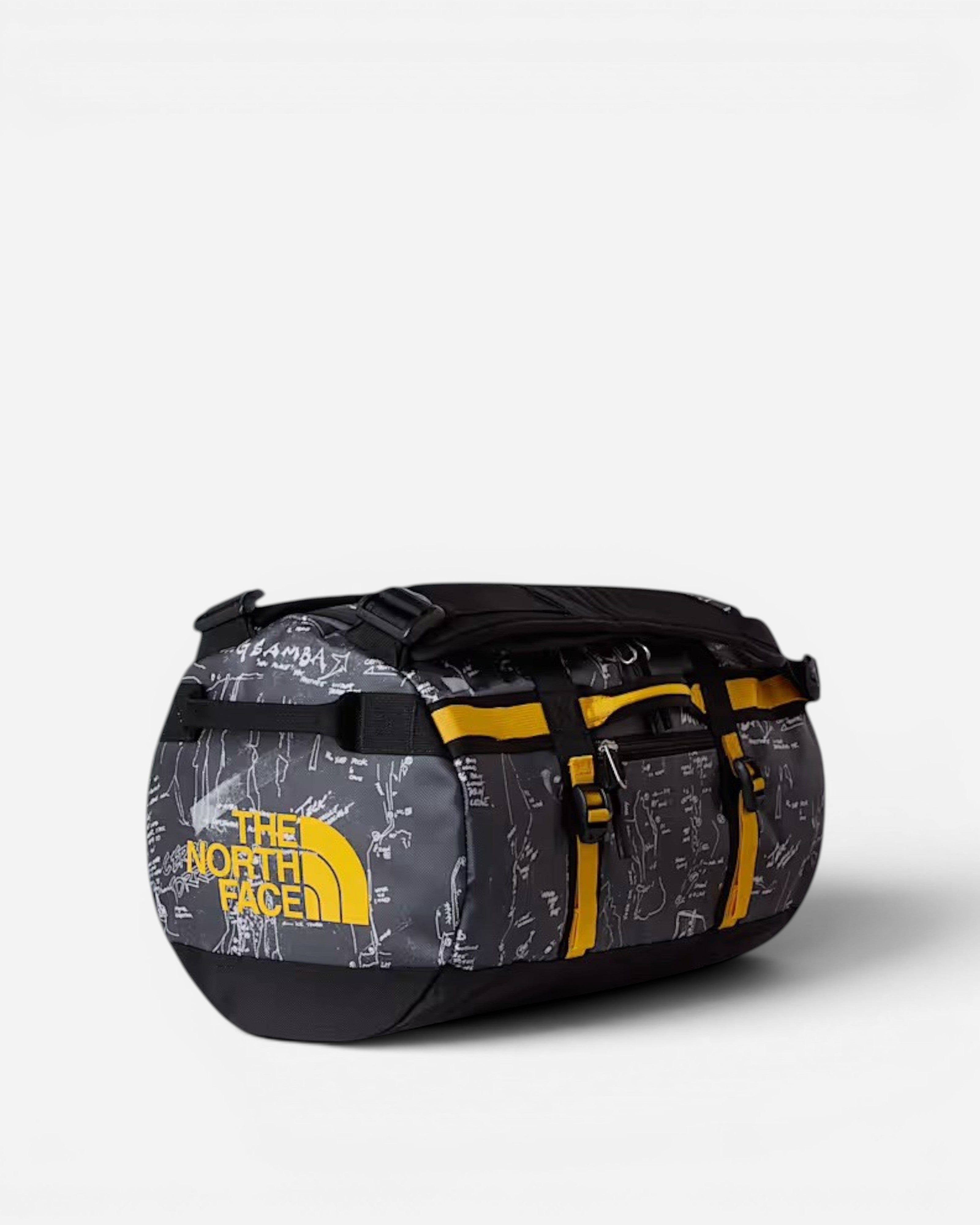 Astrofat The North Face Base Camp 50L duffel bag in anthracite grey with a white topographic print and yellow straps.