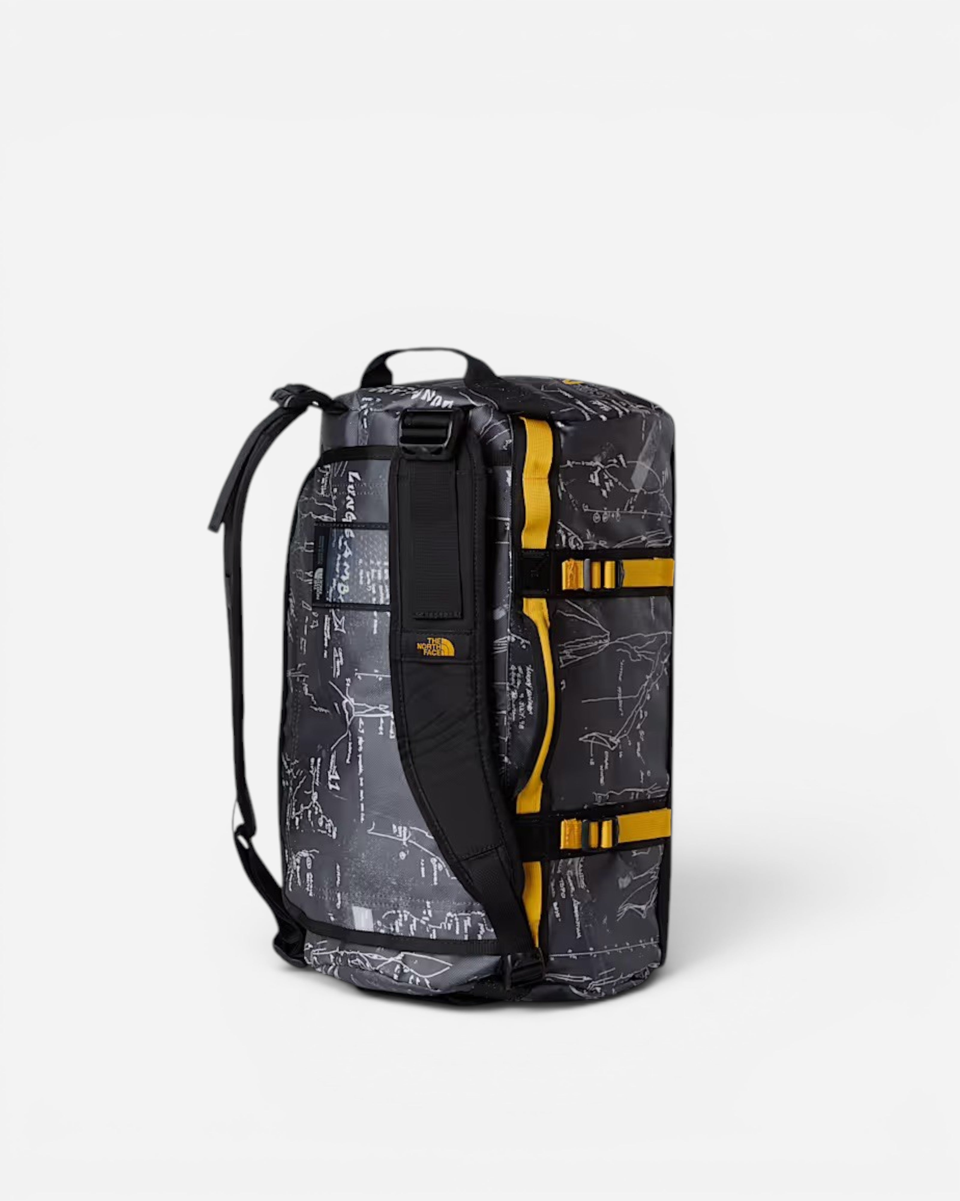 Astrofat The North Face Base Camp XS 31L duffel bag in anthracite grey with a white topos print and summit gold straps.