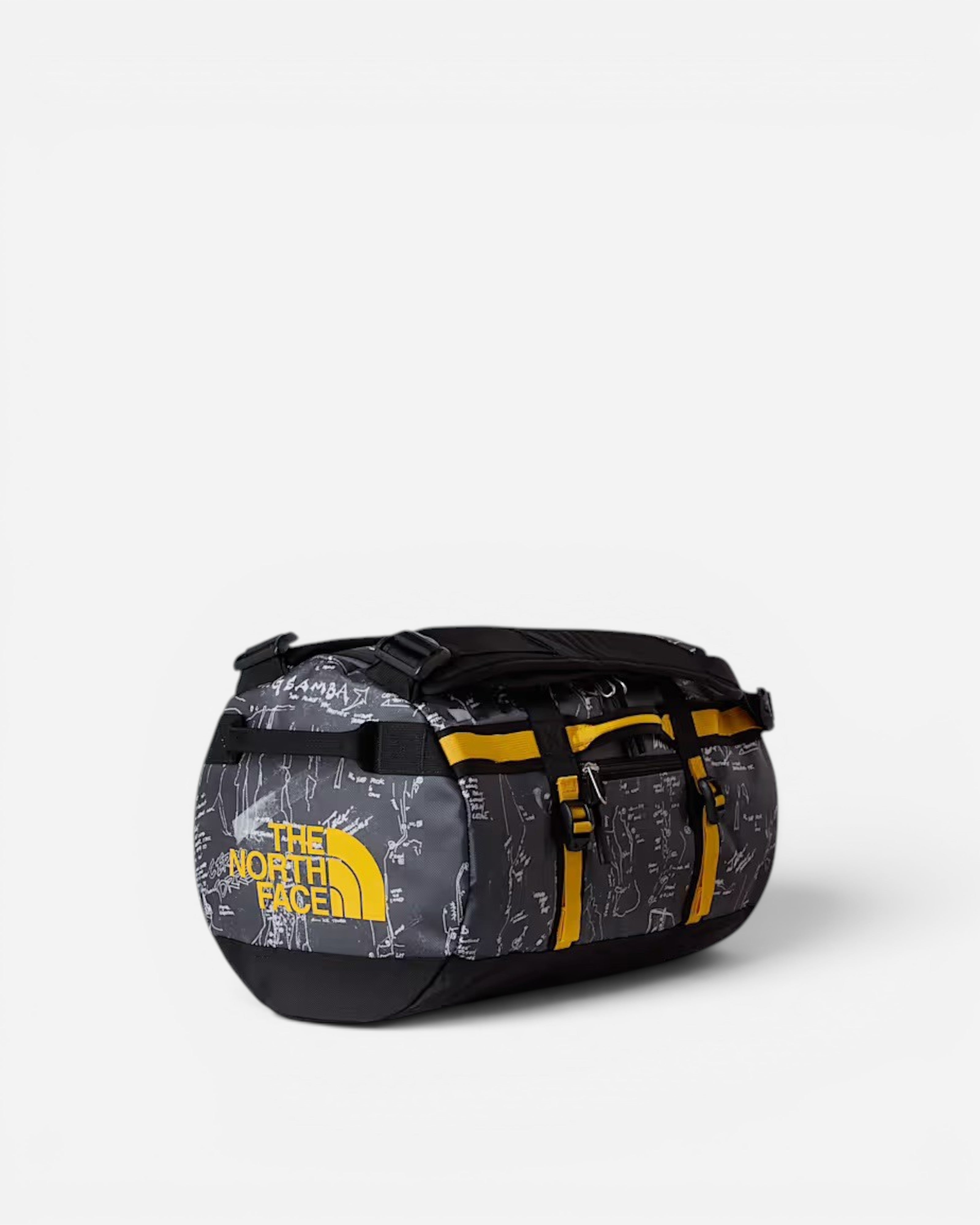 Astrofat The North Face Base Camp 31L duffel bag in anthracite grey with white topos print and yellow accents.