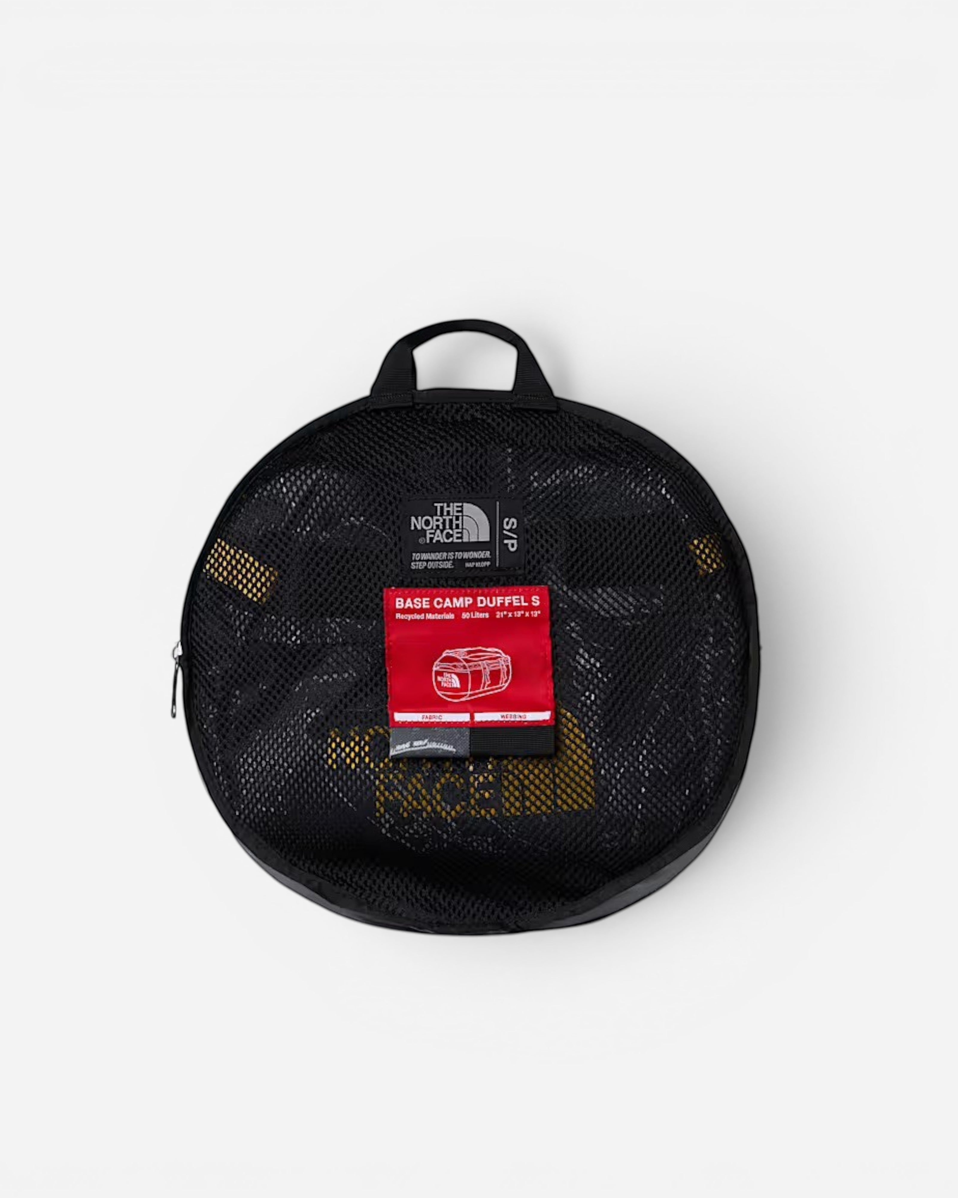 Astrofat The North Face Base Camp Duffel S 50L in anthracite grey and summit gold packed in its round mesh storage bag