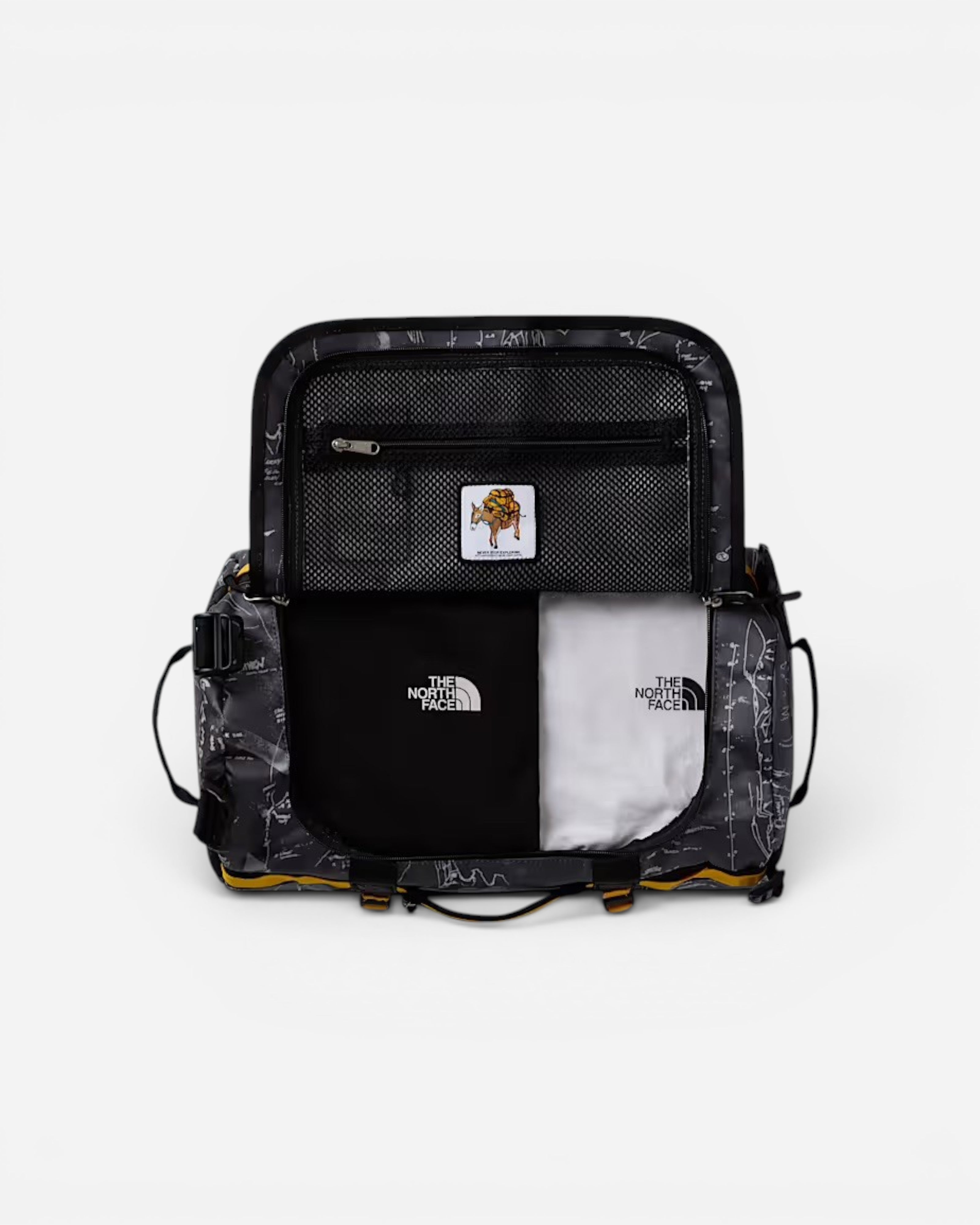 Astrofat The North Face Base Camp XS 31L duffel bag in anthracite grey with a topographic print and summit gold accents.
