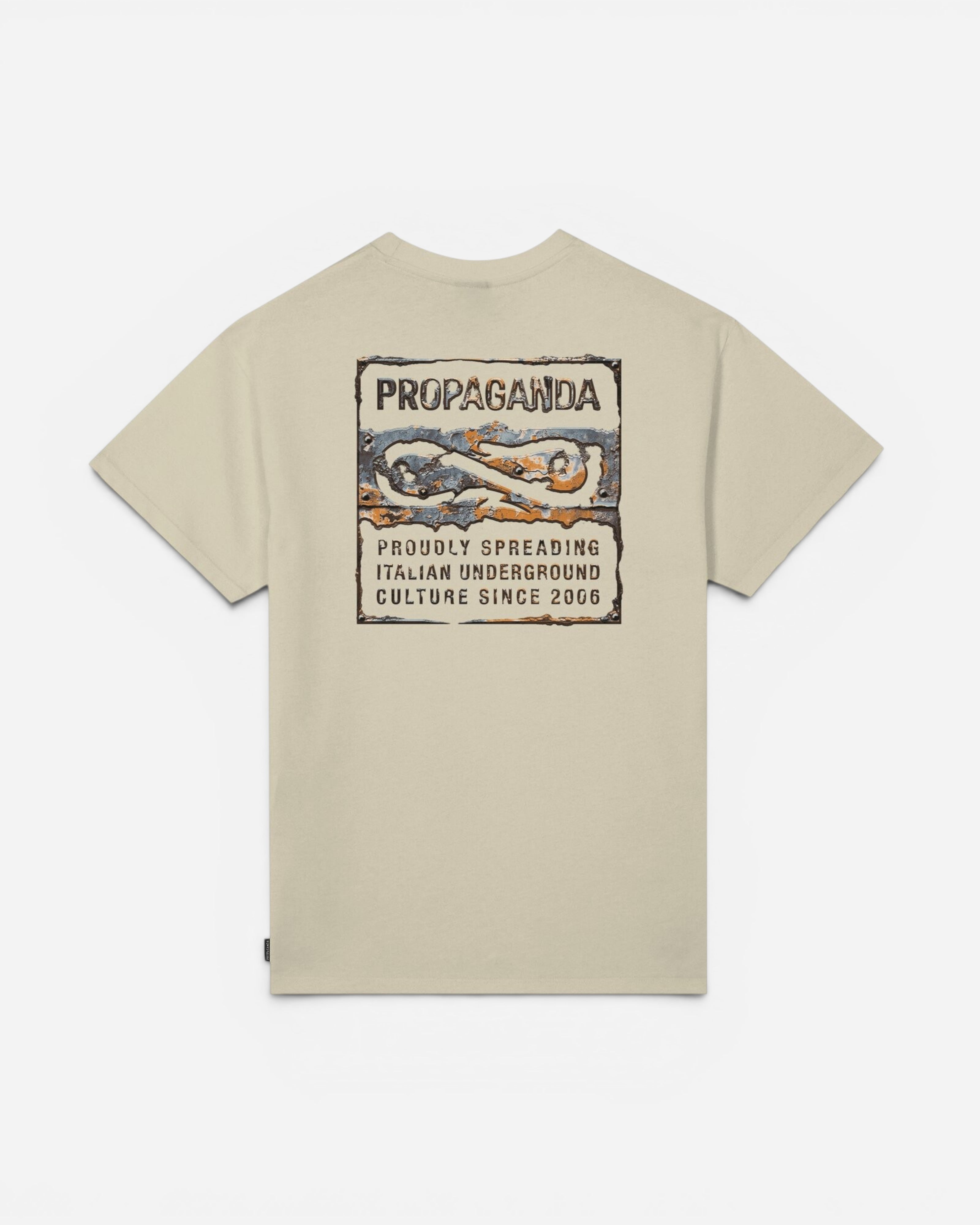 Astrofat beige cotton t-shirt with a distressed graphic print on the back featuring the word PROPAGANDA and text about Italian underground culture.