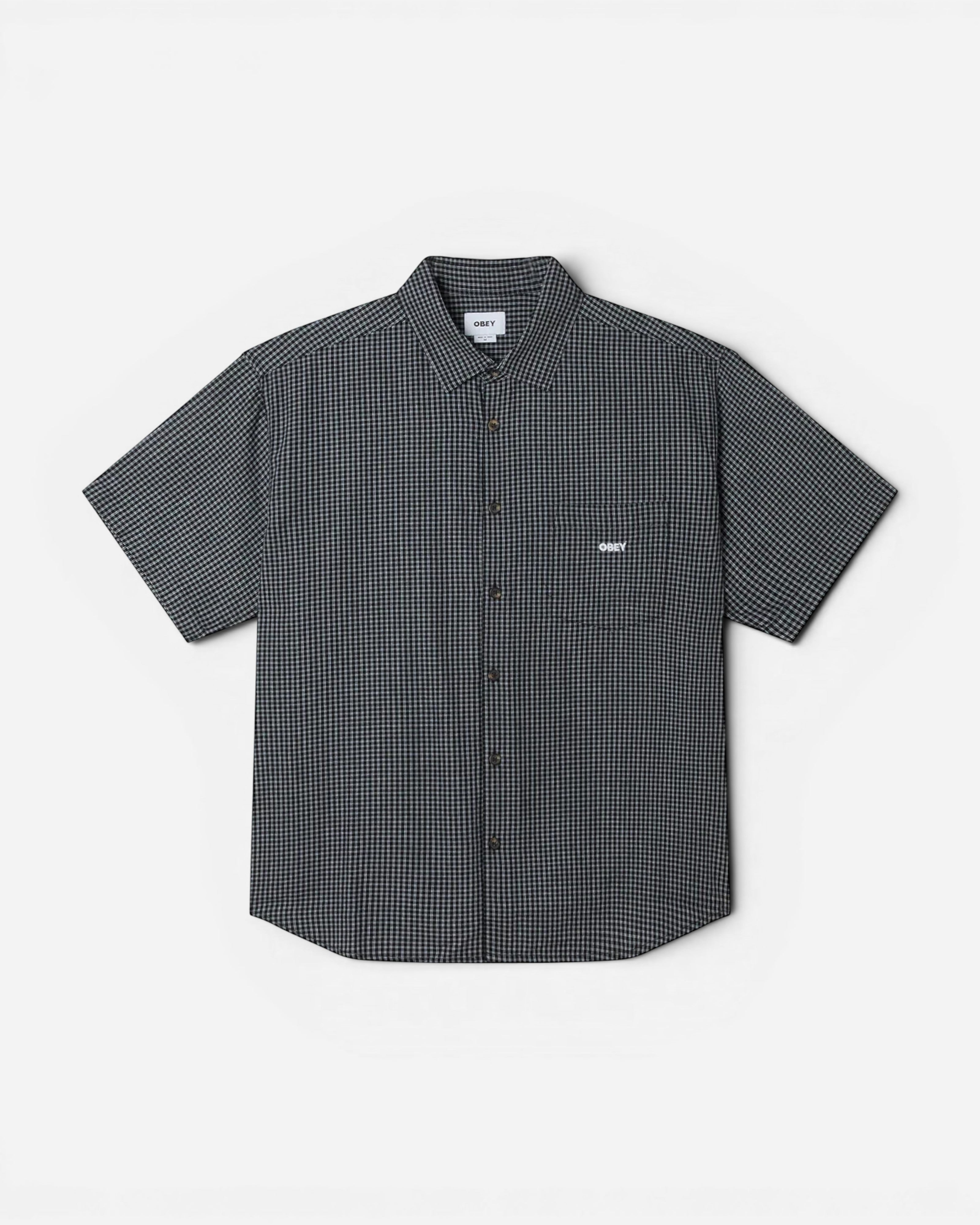 Astrofat Bigwig black and white gingham short sleeve shirt with a button-down front and chest pocket with logo.