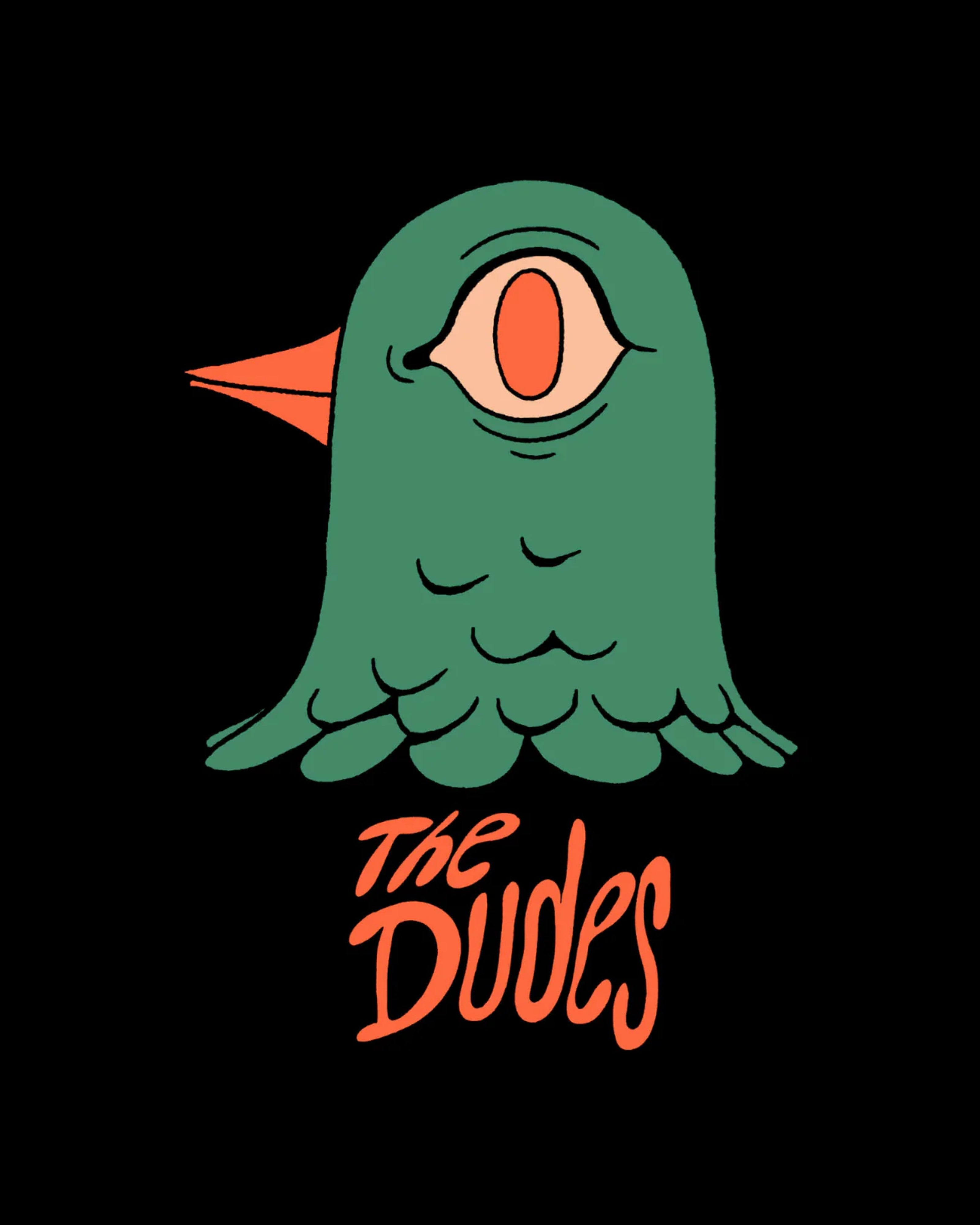 Astrofat black 100% organic cotton t-shirt with a green bird head graphic and orange "The Dudes" text.