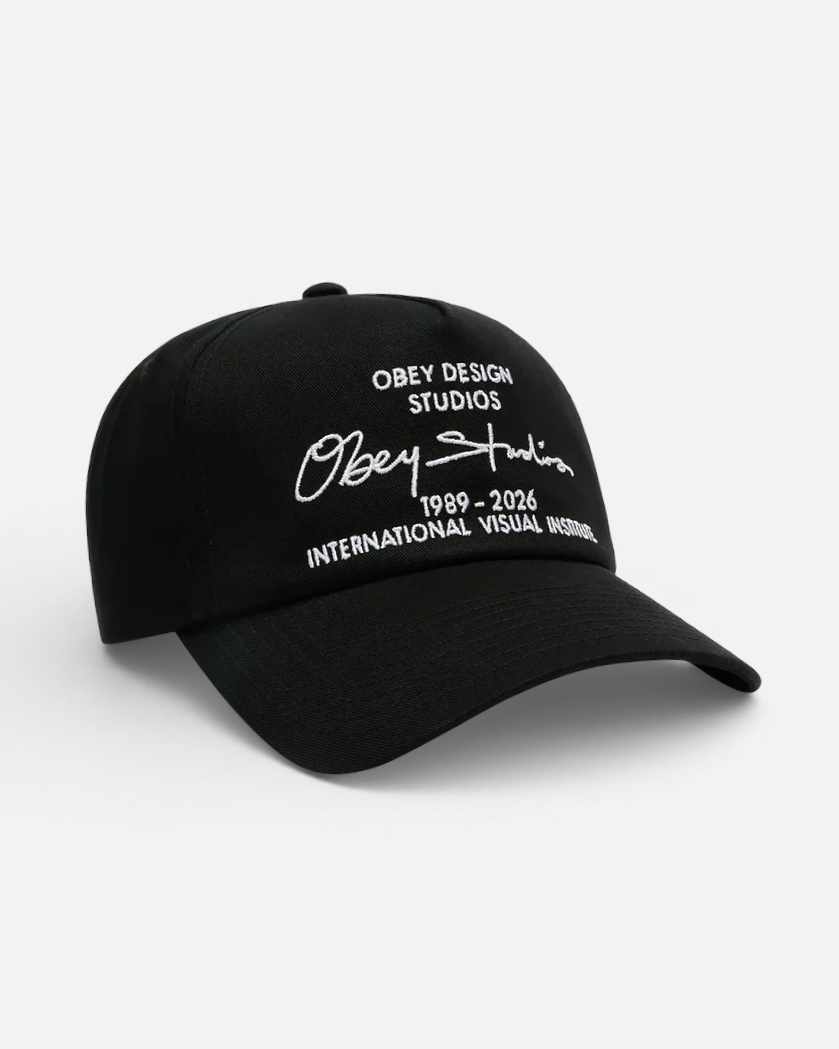 Astrofat black 5-panel baseball cap with a structured crown, pre-curved brim, and snapback closure. Features white text embroidery.