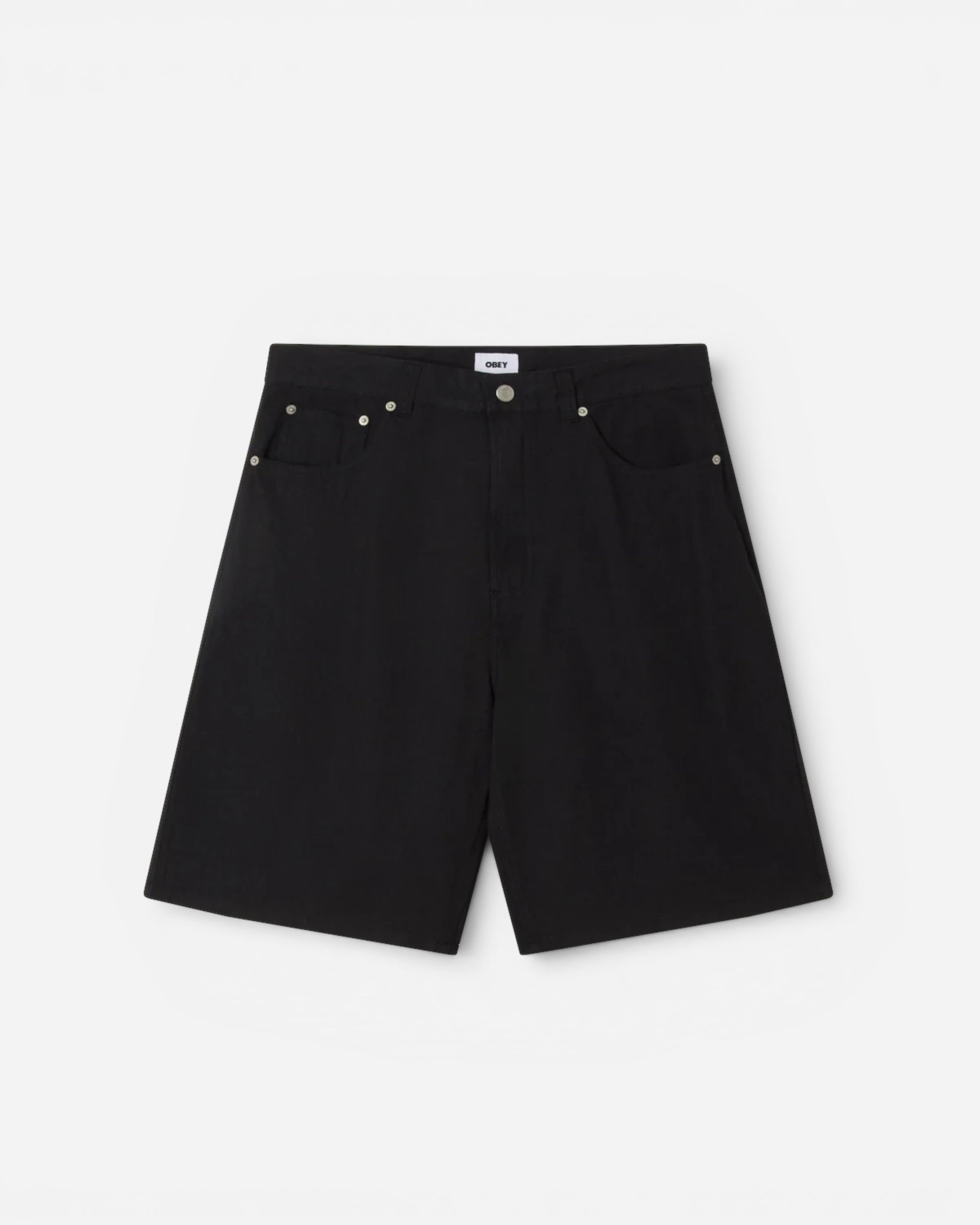 Astrofat black baggy denim shorts with a five-pocket design, button closure, and metal rivets on the front pockets.