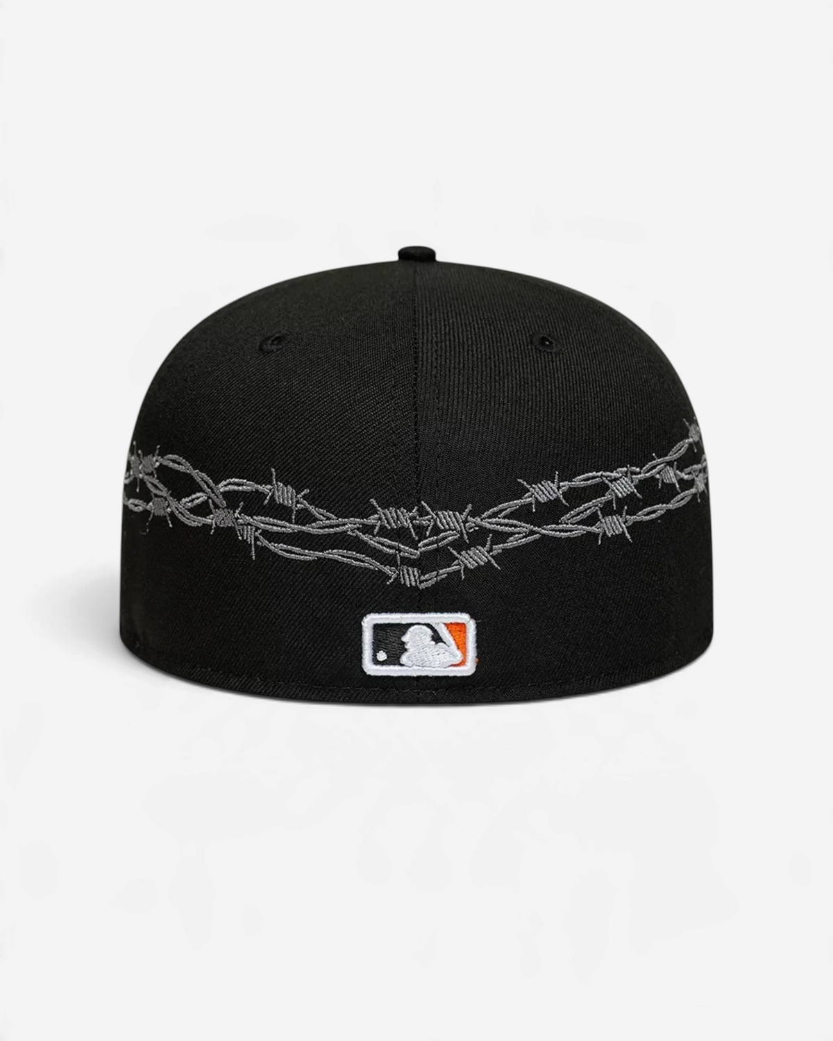 Astrofat black low profile fitted cap featuring an embroidered grey barbed wire design and MLB logo on the back