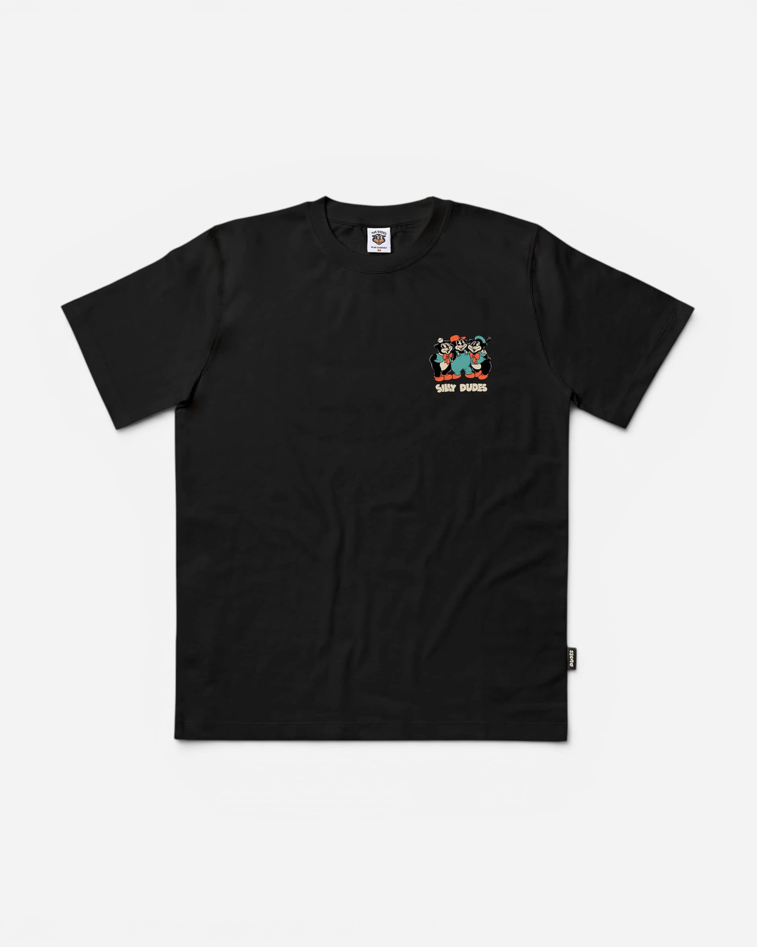 Astrofat black 100% organic cotton t-shirt with a small graphic print of three cartoon characters and the text "Silly Dudes".