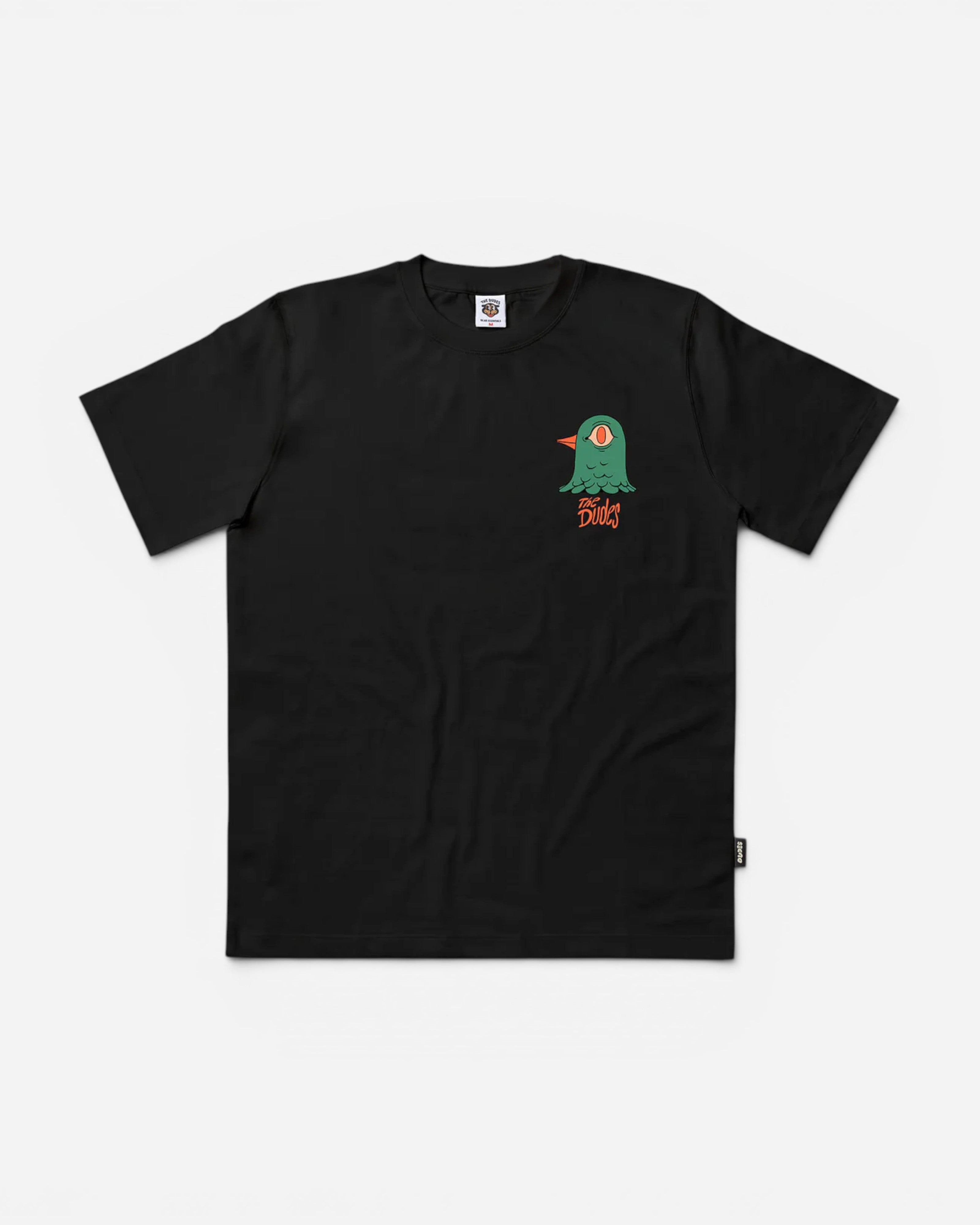 Astrofat black 100% organic cotton t-shirt with a green bird head graphic and "The Dudes" text.