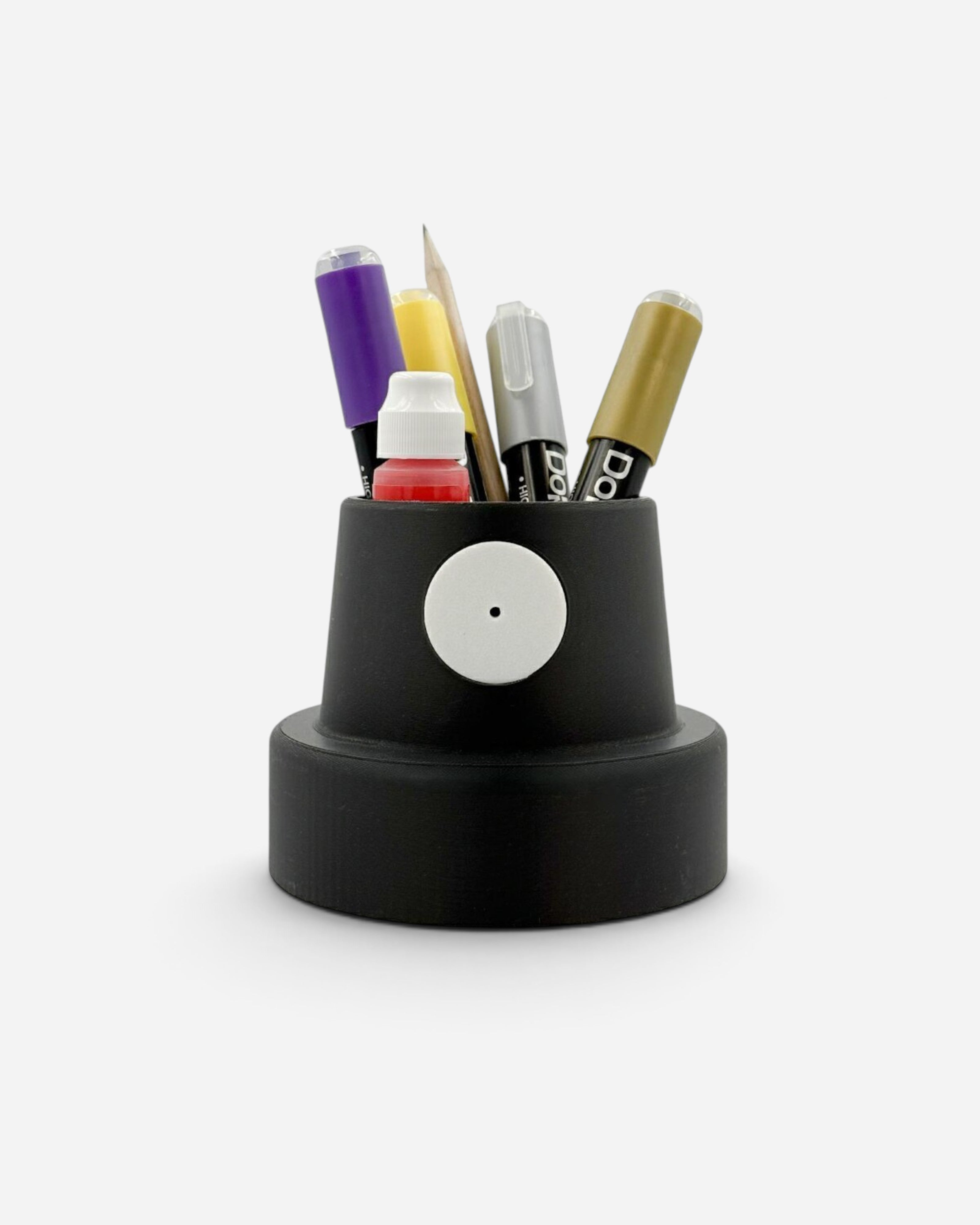 Astrofat black PLA 3D printed desk organizer shaped like a spray paint cap holding various pens and markers.