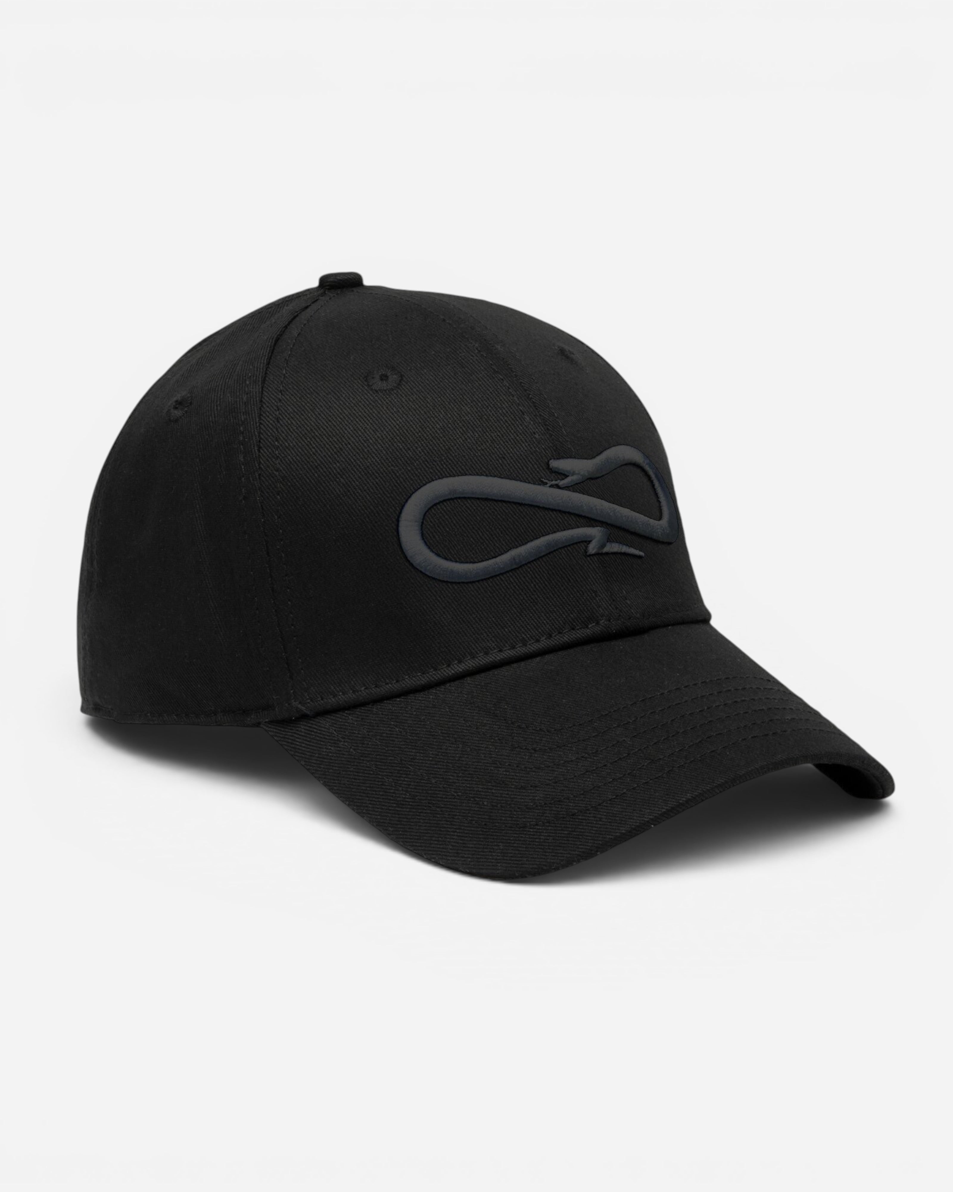 Astrofat black cotton snapback hat featuring a tonal embroidered logo on the front and adjustable plastic closure.
