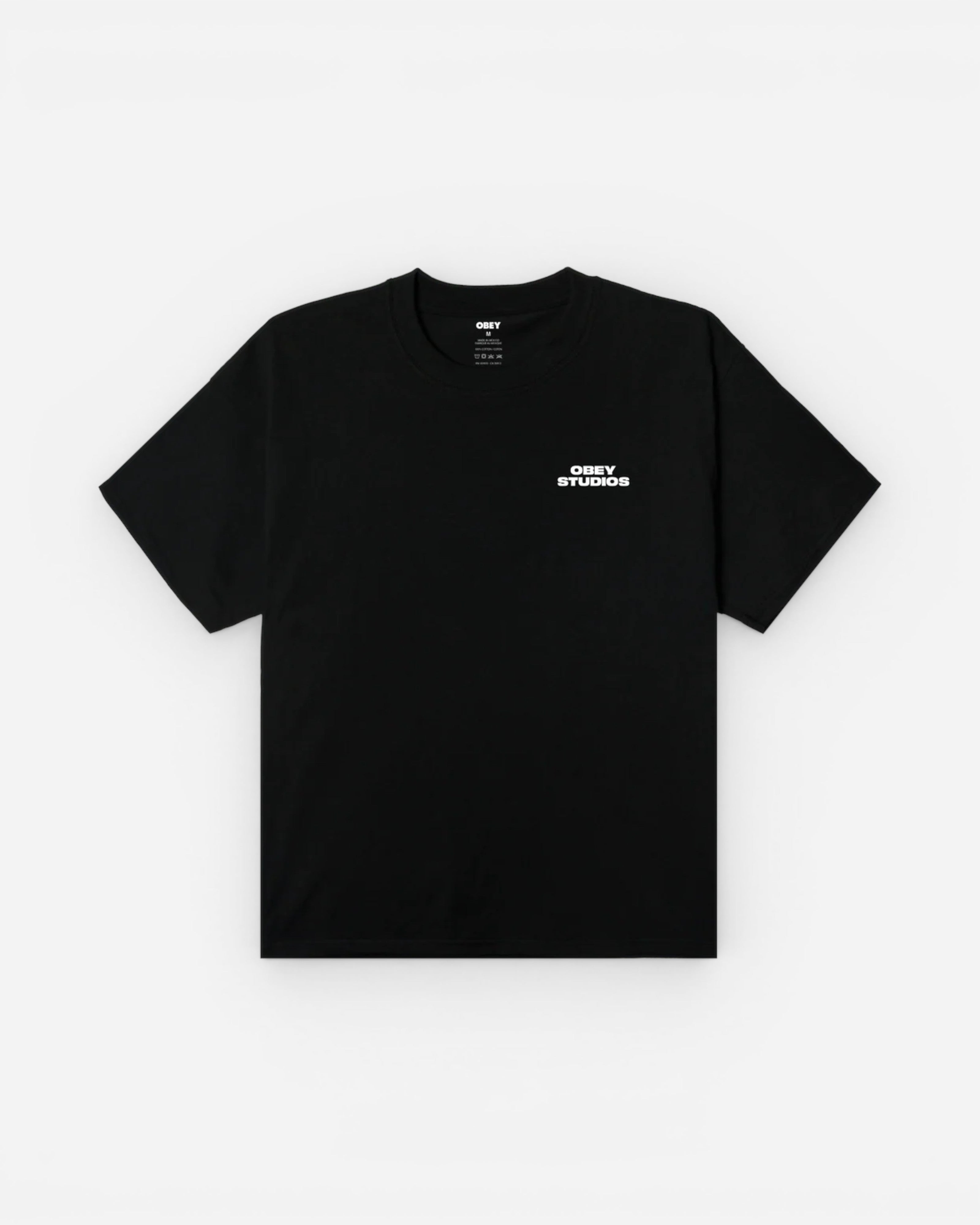 Astrofat black 100% cotton t-shirt with a regular fit and a small white 'OBEY STUDIOS' graphic on the chest.
