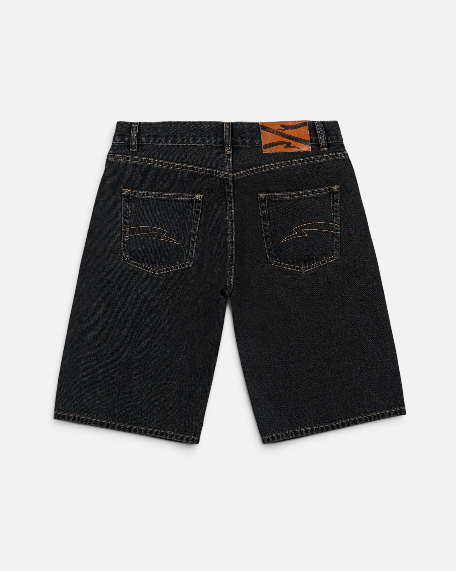 Astrofat black denim shorts with back pockets featuring lightning bolt embroidery and a branded leather patch.