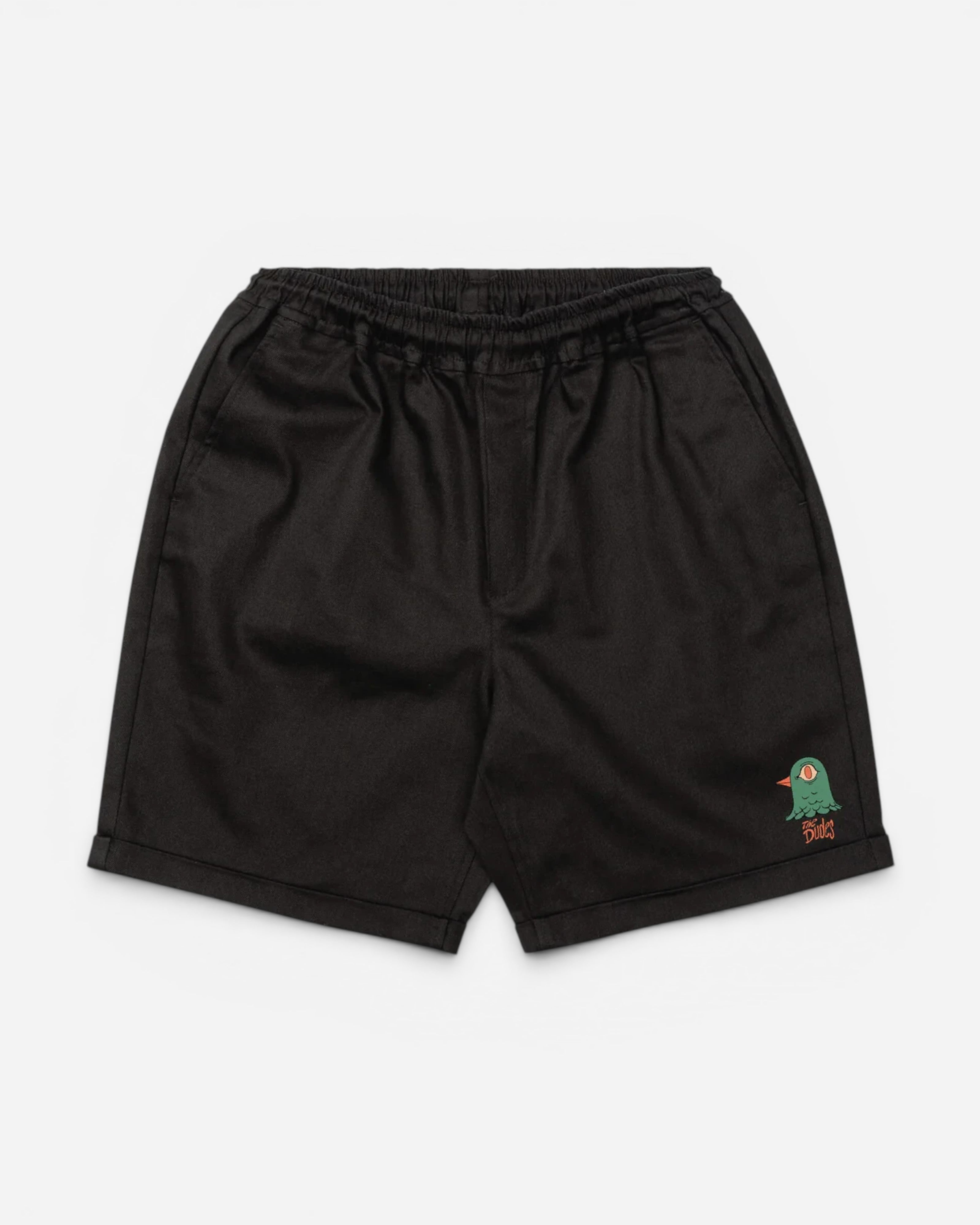 Astrofat black cotton blend shorts with elastic waist and embroidered pigeon graphic on the left leg.